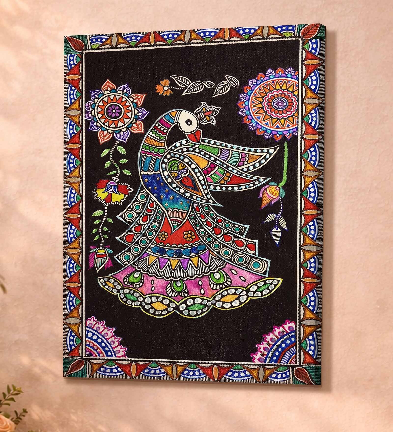Madhubani Peacock Stretched Canvas Painting