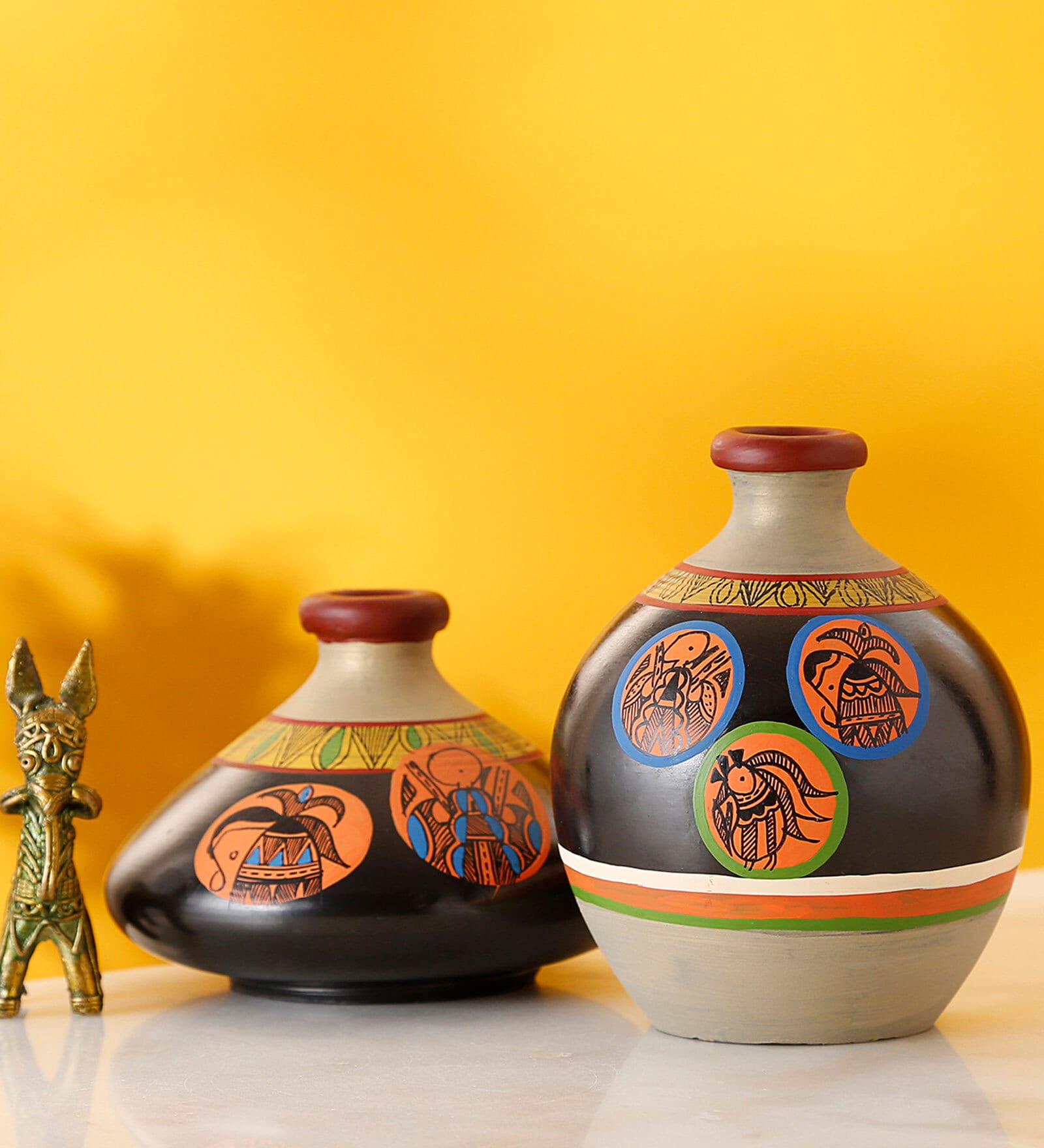 Madhubani Tattoo Art Whartin (Set Of 2) Black & Orange Terracotta Table Vase