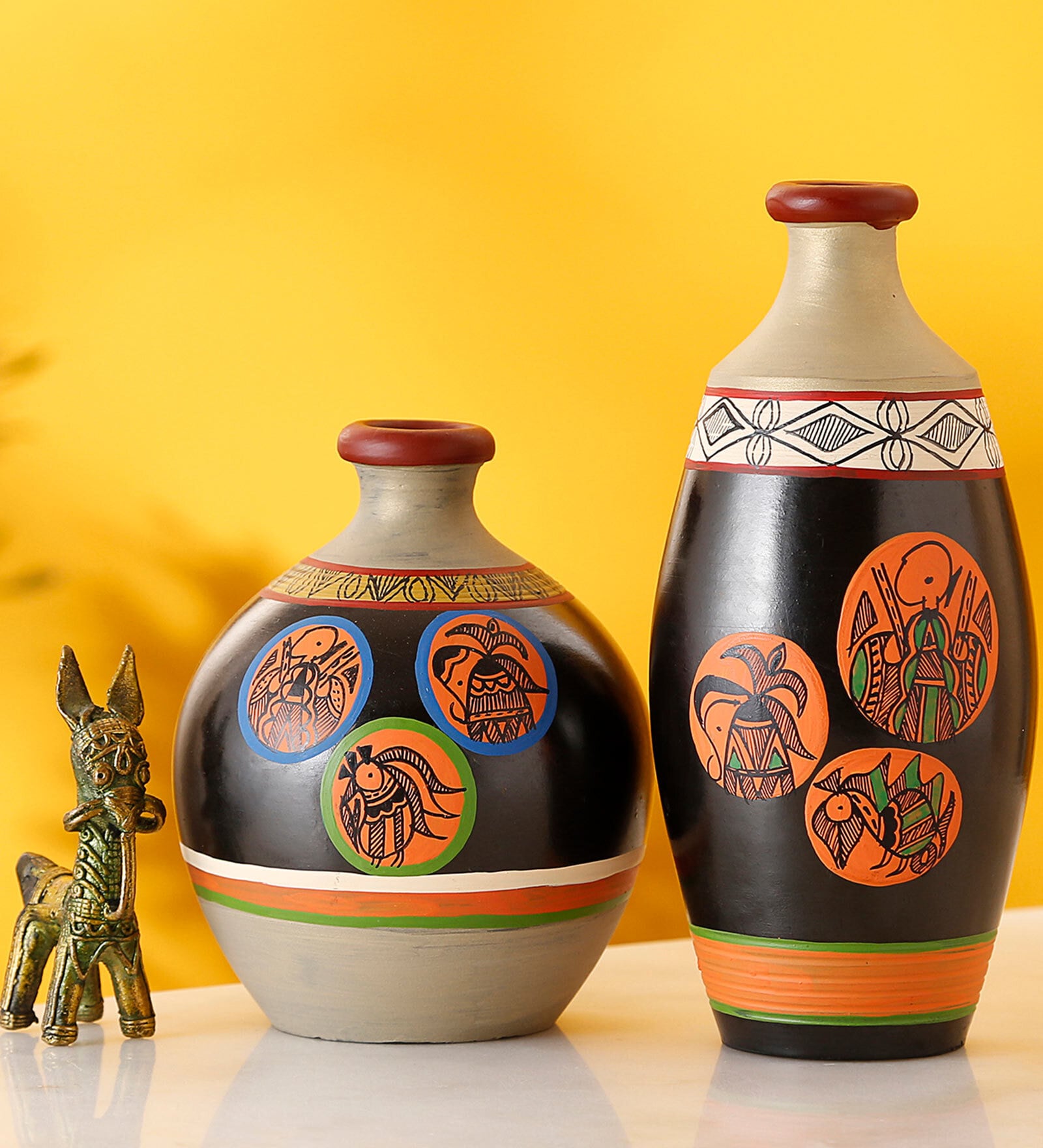 Madhubani Tattoo Art Eliviya (Set Of 2) Black & Orange Terracotta Floor Vase