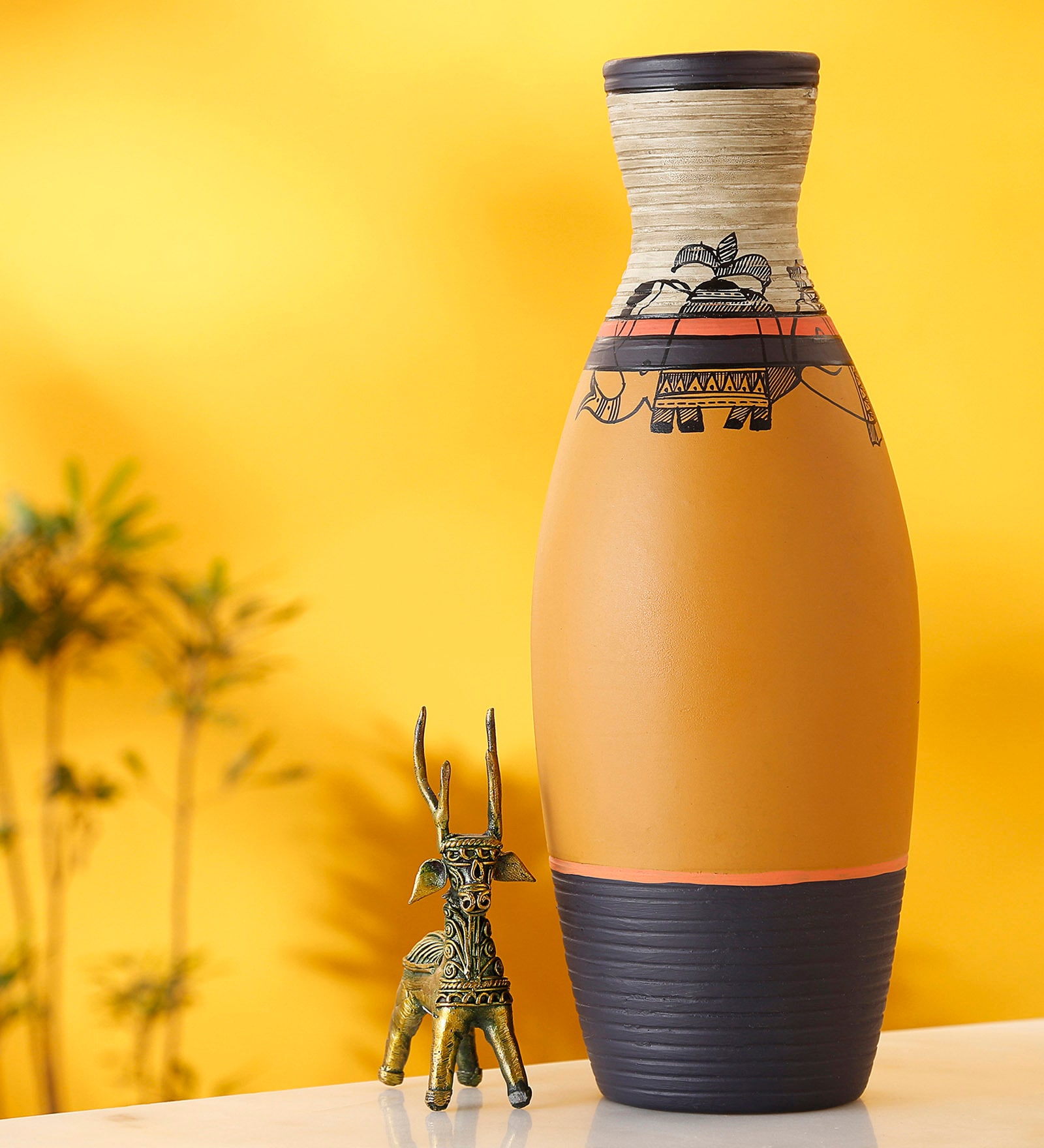 Madhubani Tattoo Art Mustard Terracotta Table Vase