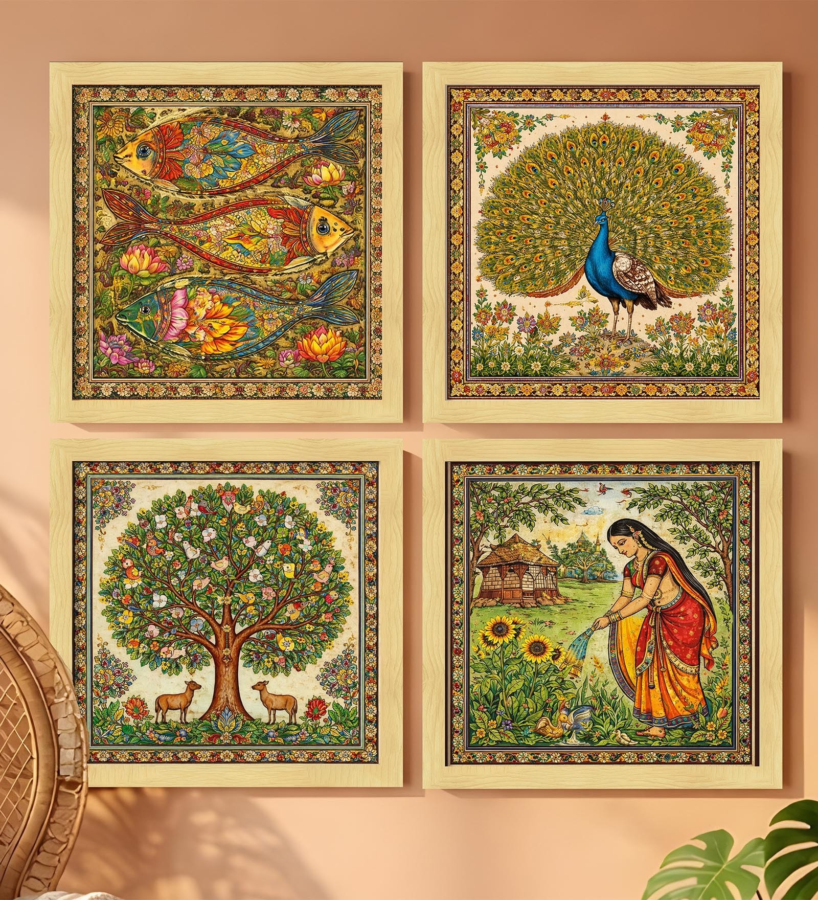 Madhubani Vastu Folk Set of 4 Framed Posters