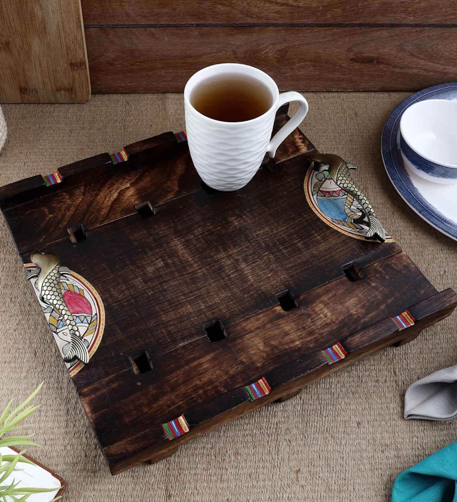 Madhubani Work Mango Wood Square Tray & Brass Handles