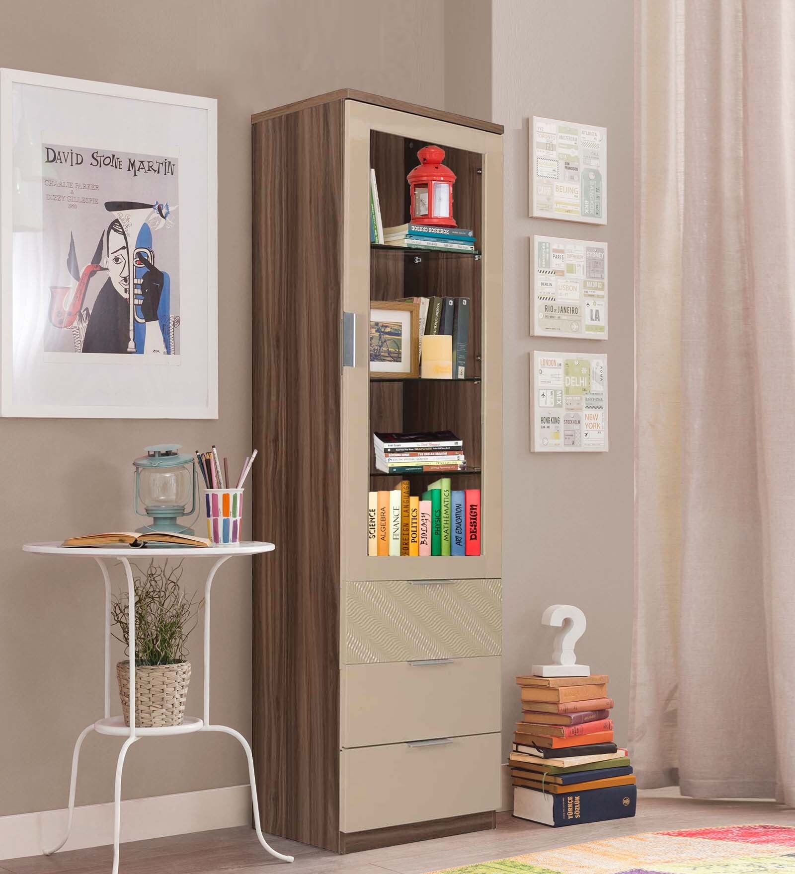 Maestro Curio Cabinet in Walnut with Sand Beige Finish