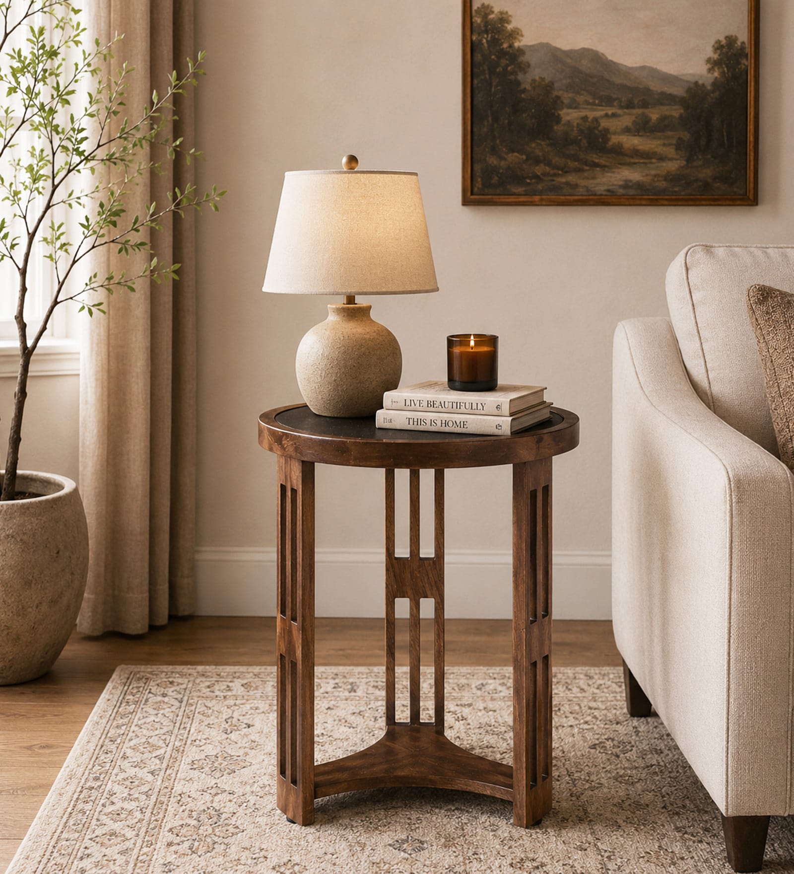 Magellan Mango Wood End Table In Tubbaq Finish With Brown Tinted Glass Top