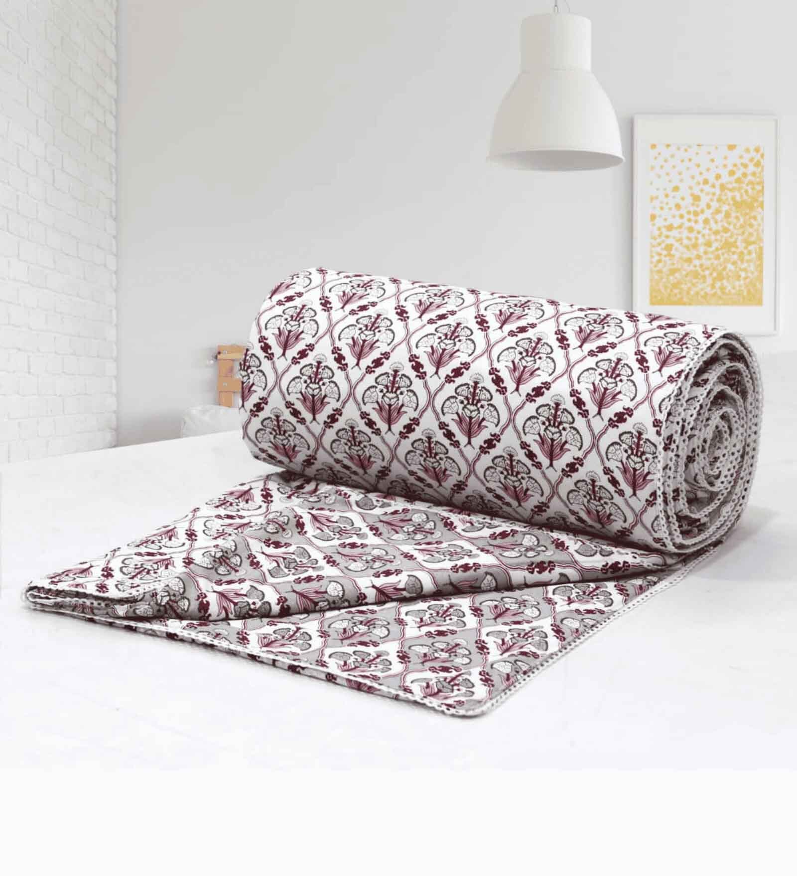 Magenta Cotton Floral 144 TC  Double Bed Dohar