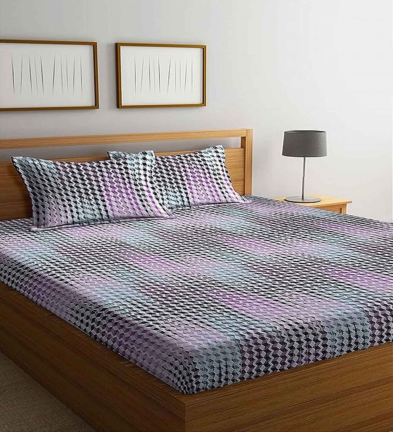 Buy Multicolor Geometric 144 Tc Cotton Queen Bedsheet With 2 Pillow