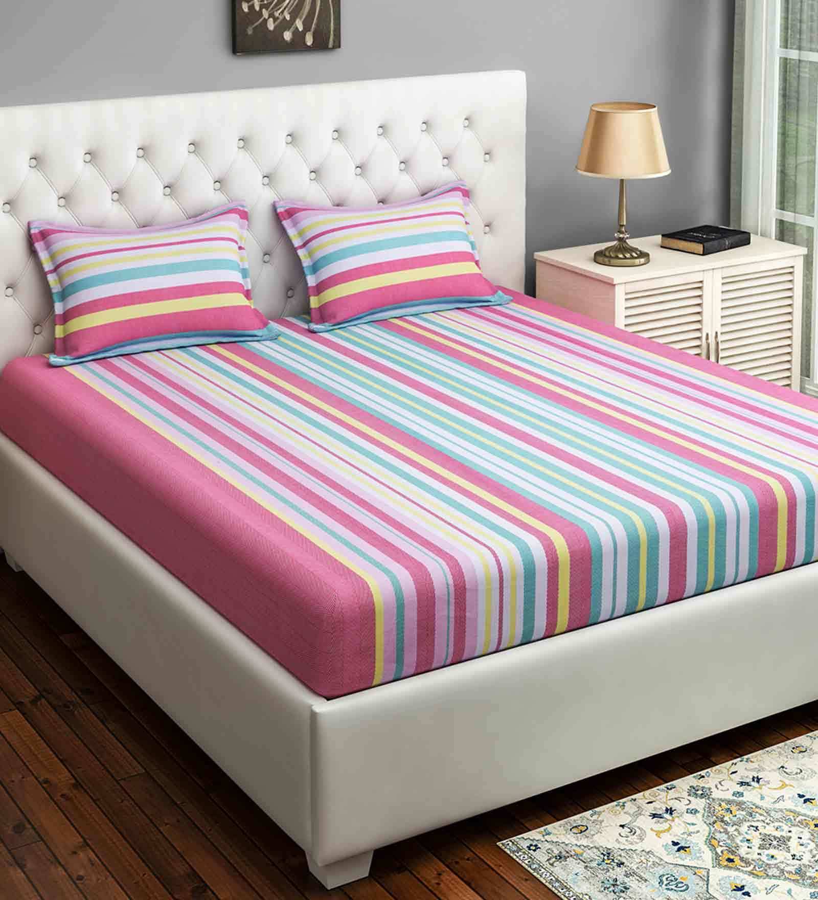 Pink & Grey Striped 240 TC Cotton King Size (Large) Bedsheet With 2 Pillow Covers Magical Linea Collection