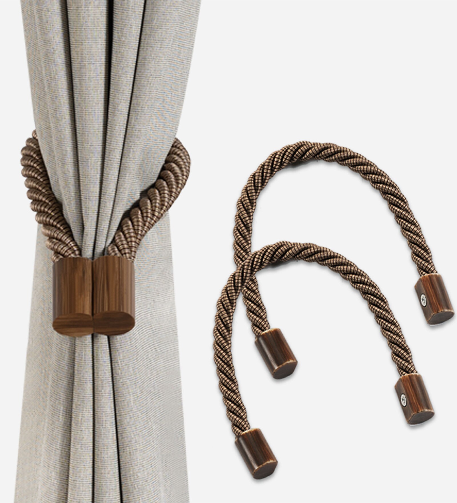 Brown Magnetic Curtain Tiebacks for Window Drapes Strong Rope Holdback Buckle (Pack of 2)