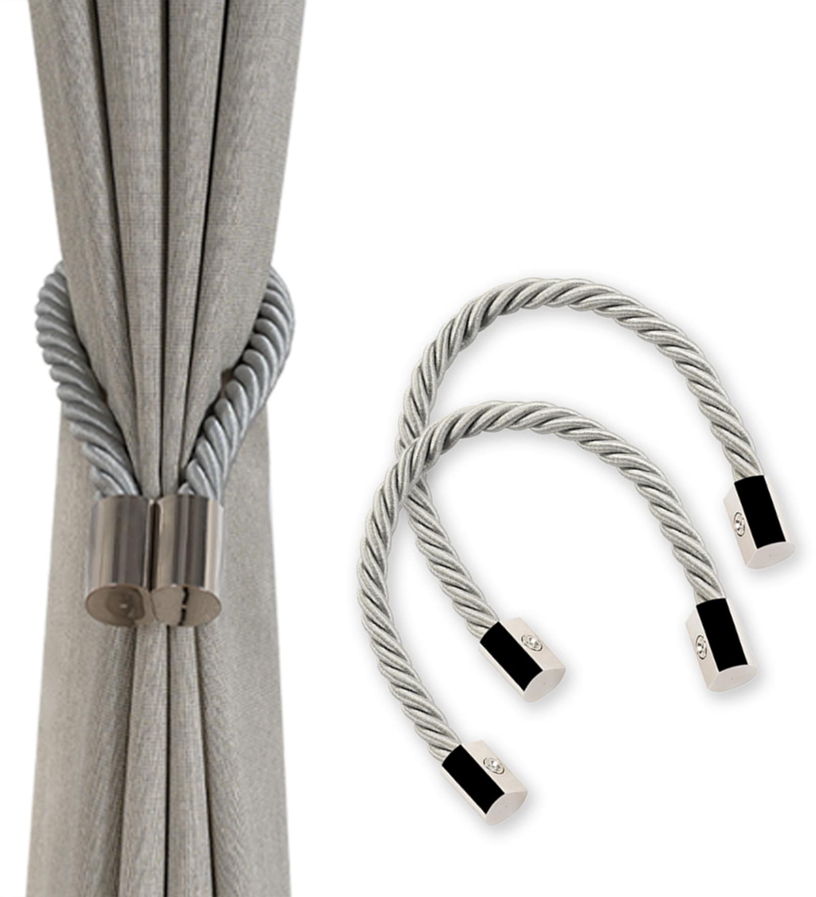 White Magnetic Curtain Tiebacks for Window Drapes Strong Rope Holdback Buckle (Pack of 2)