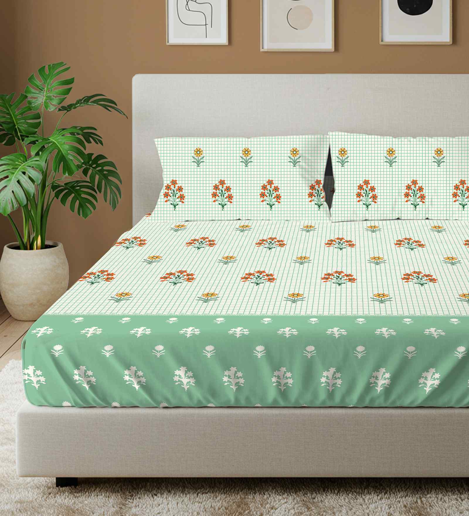 Magnolia Sage Green Floral 144 Tc Cotton King Bedsheet With 2 Pillow Covers