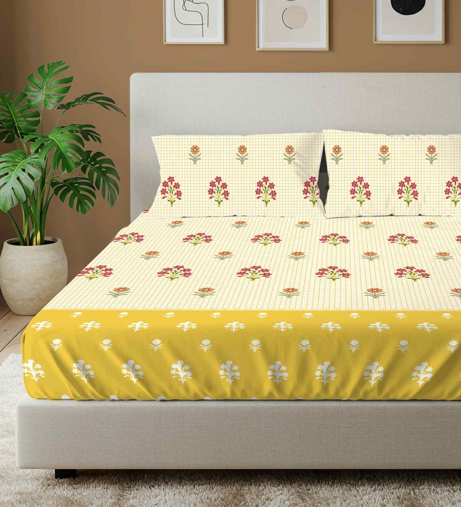 Magnolia Yellow Floral 144 Tc Cotton Double Bedsheet With 2 Pillow Covers