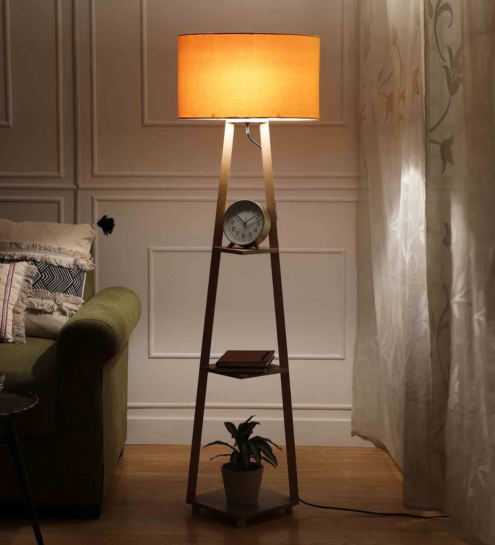 Mylo Yellow Cotton Shade Shelf Floor Lamp With Birch Ply Base