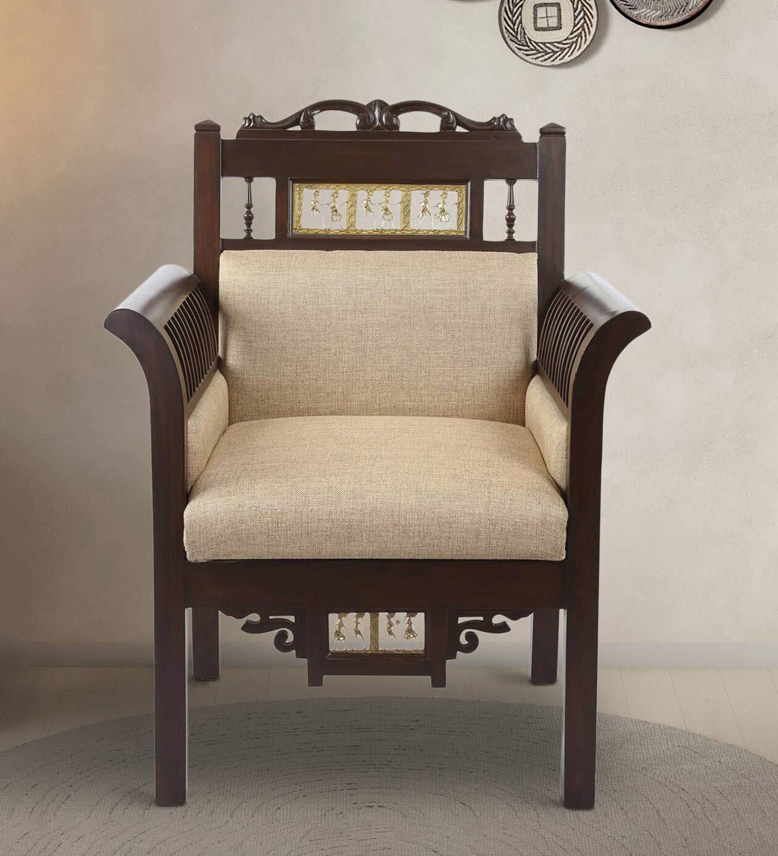 Maharaja Teak Wood 1 Seater Sofa in Beige & Walnut Finish Maharaja Teak Wood 1 Seater Sofa in Beige & Walnut Finish