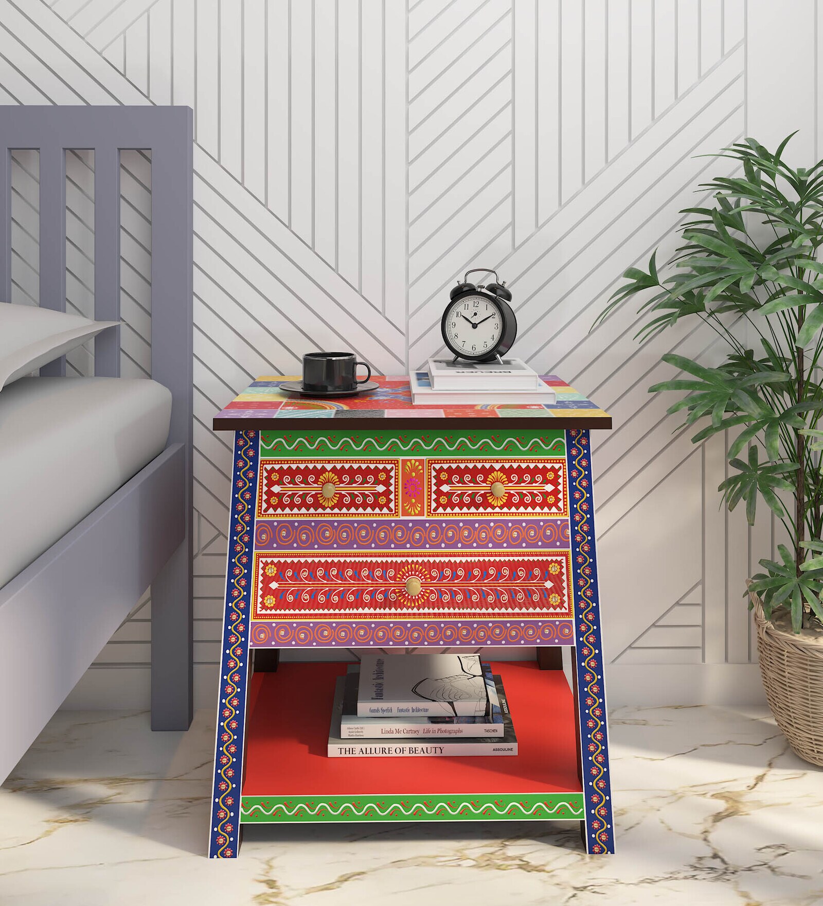 Mahesvari Solid Wood Bedside Table In Hand-Painted Multicolour