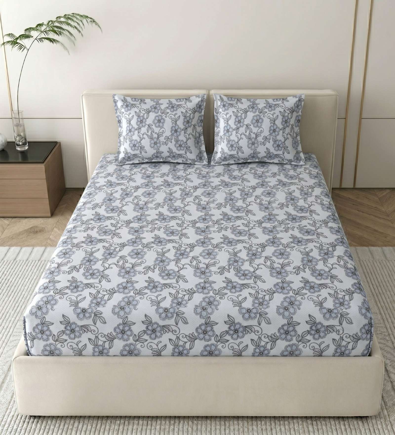 Main Blue Grace Double 186 TC Cotton Bedsheet With 2 Matching Pillow Covers