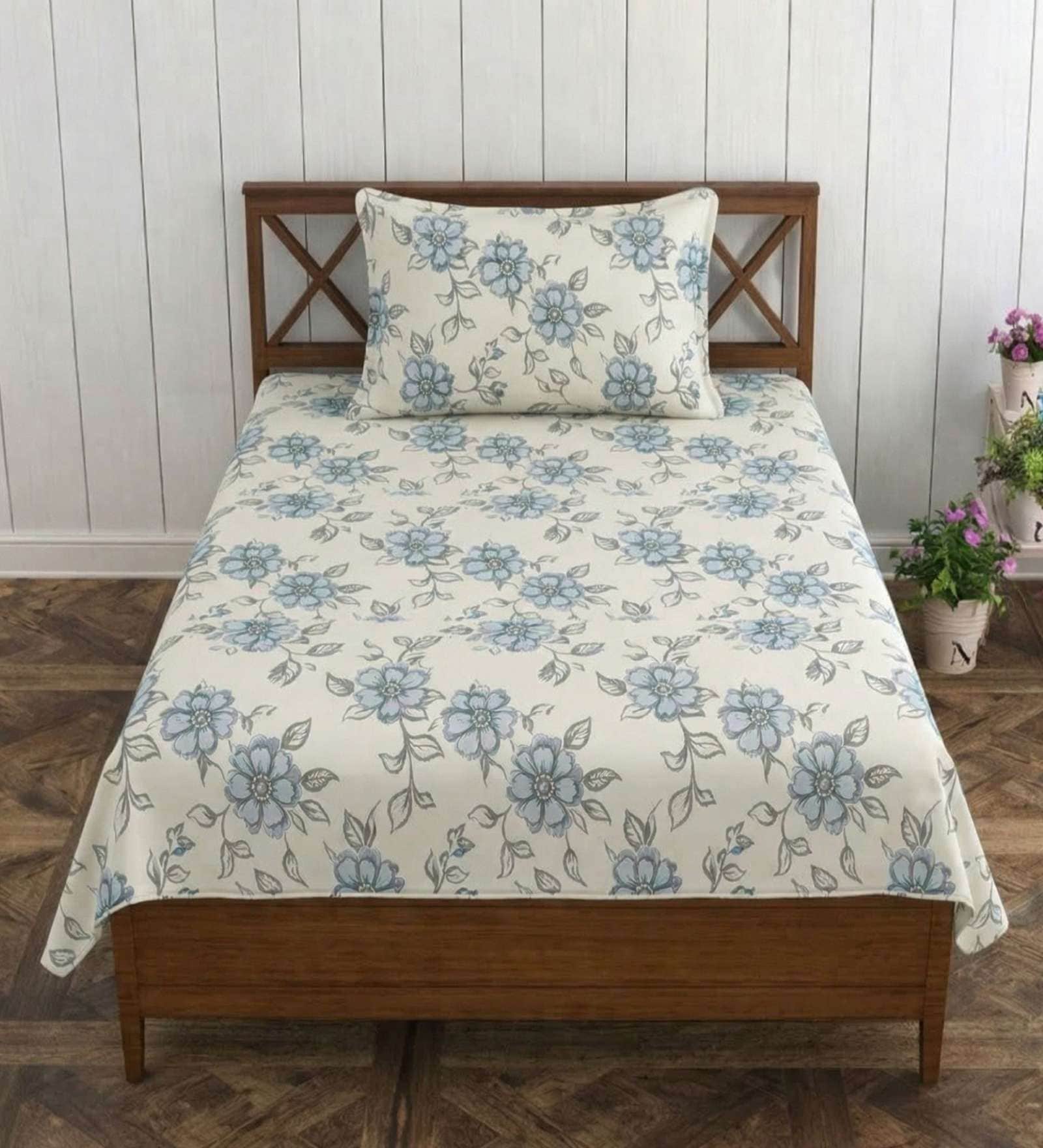 Main Blue Grace Double 186 TC Cotton Bedsheet With 2 Matching Pillow Covers
