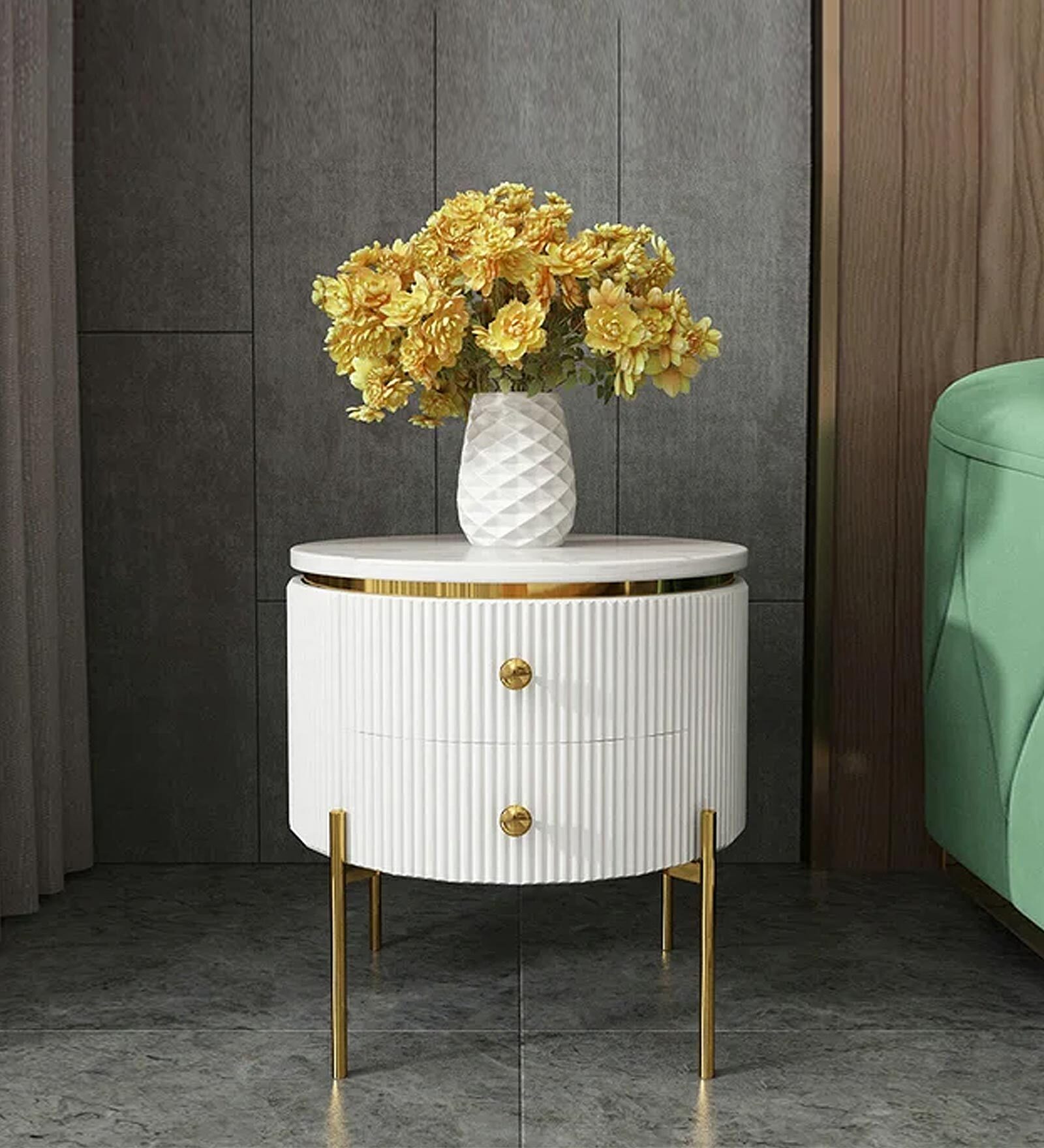 Majestic Metal Bedside Table With Drawers in White And Gold Colour