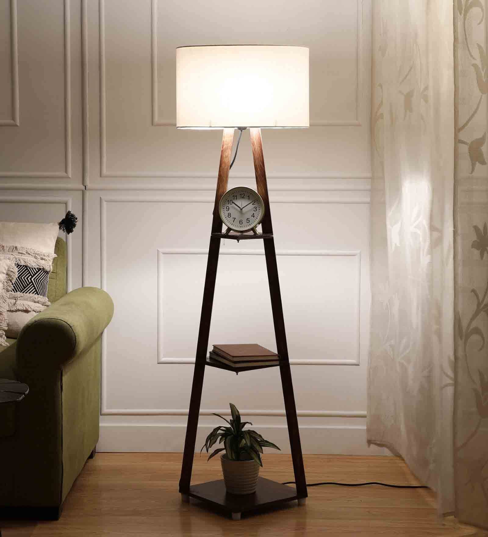 Frappe Off White Cotton Shade Shelf Floor Lamp With Birch Ply Base