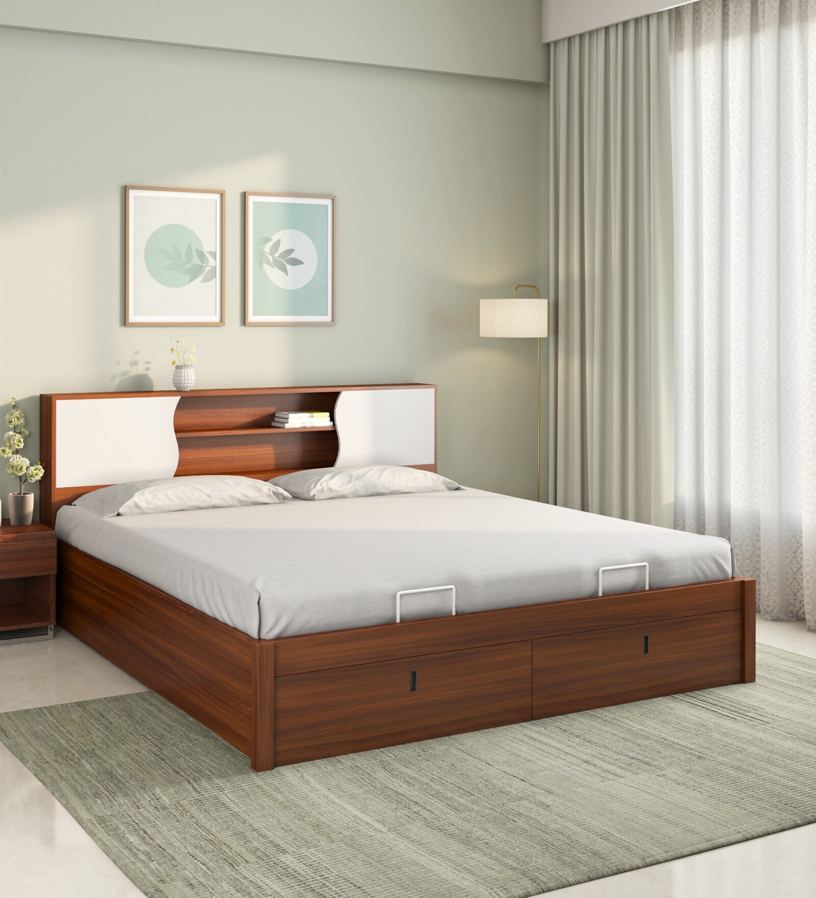 Malcom Premier Queen Size Bed in Walnut Finish with Hydraulic Storage