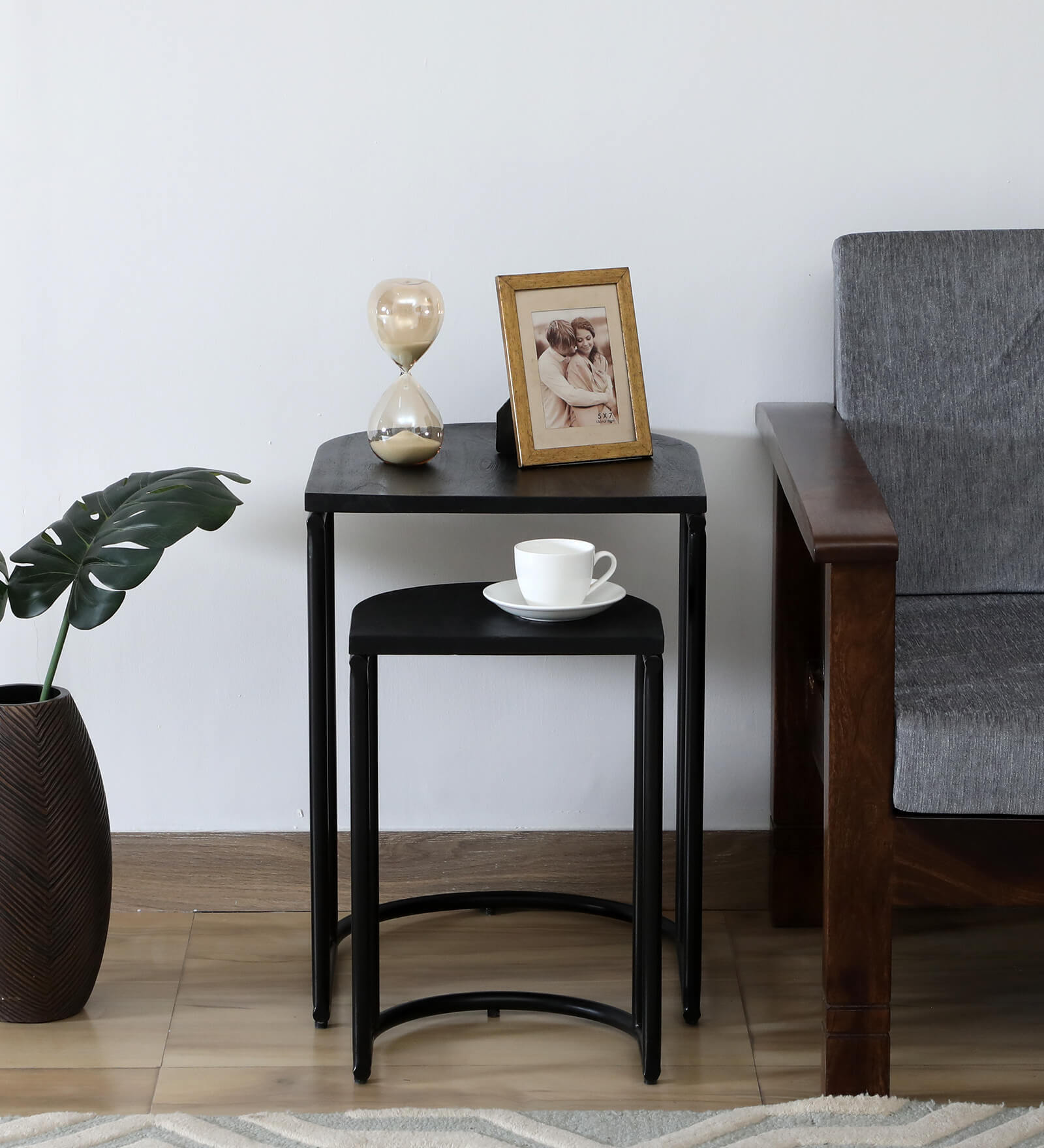 Malek Solid Wood Nest Of Tables In Sandblasted Black Finish (Set Of 2)