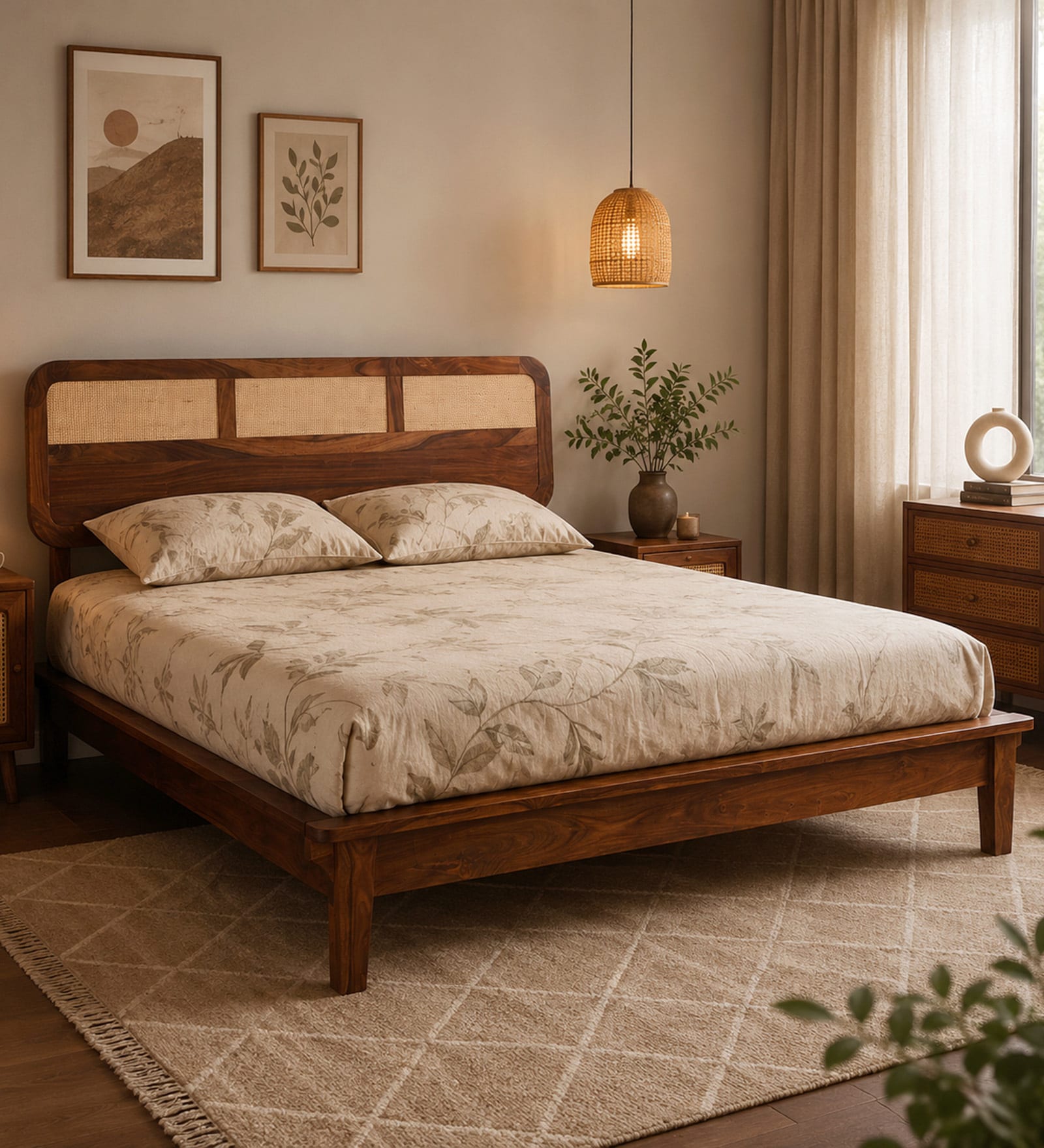 Malmo Sheesham Wood Queen Size Platform Bed  In Honey Oak Finish