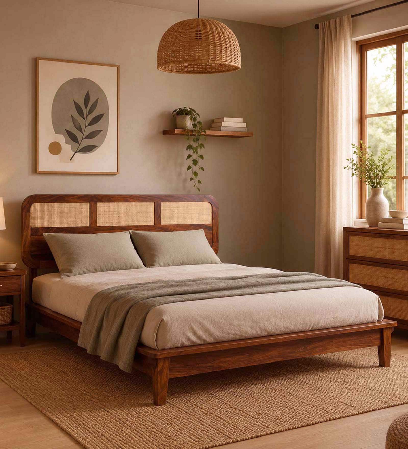 Malmo Sheesham Wood Queen Size Platform Bed  In Provential Teak Finish