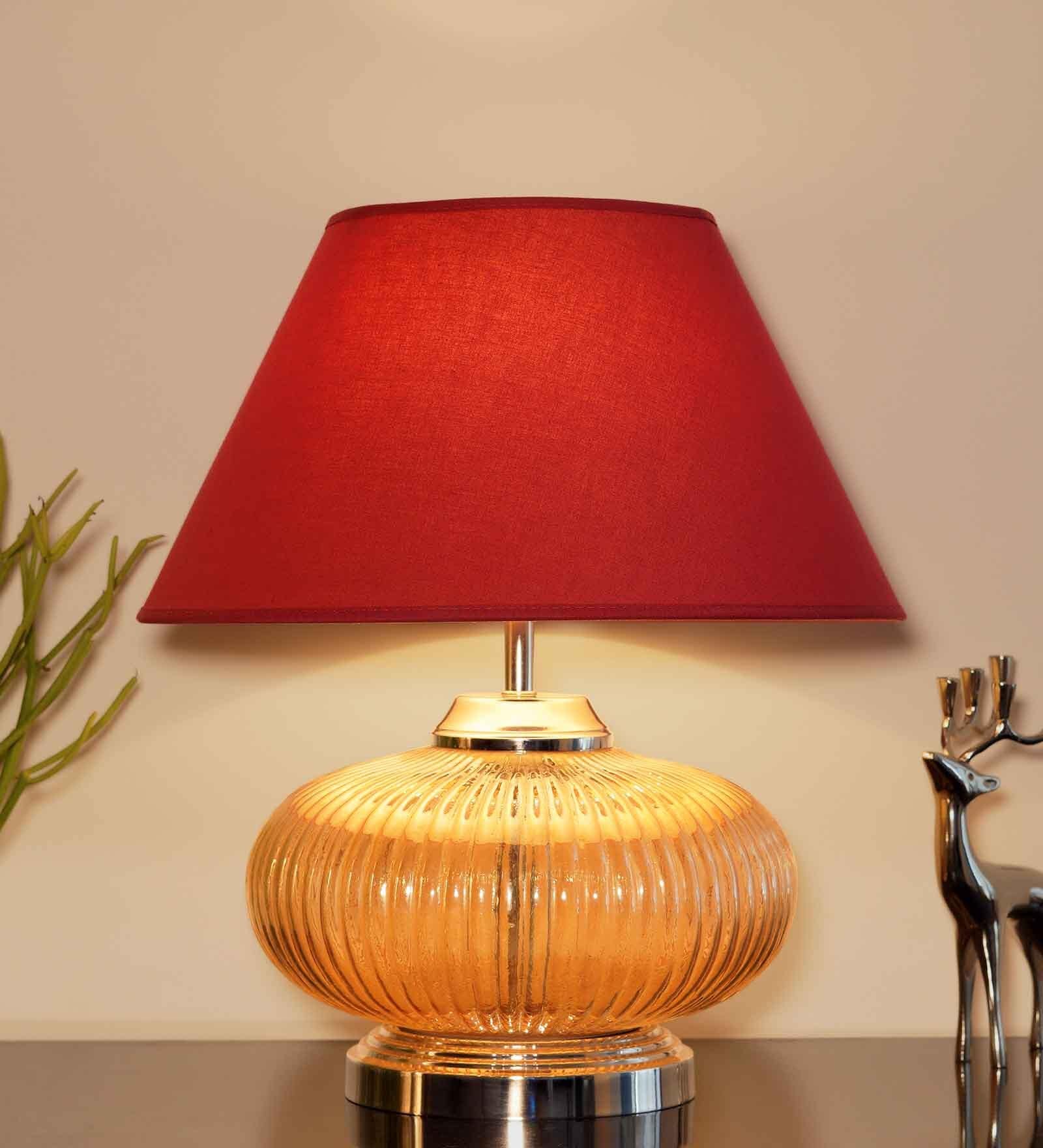 Chicago Maroon Cotton Shade Night Lamp With Metal & Glass Base