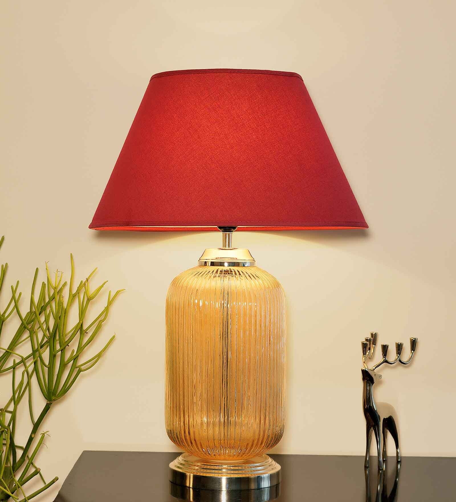 Minimalist Maroon Cotton Shade Night Lamp With Metal & Glass Base