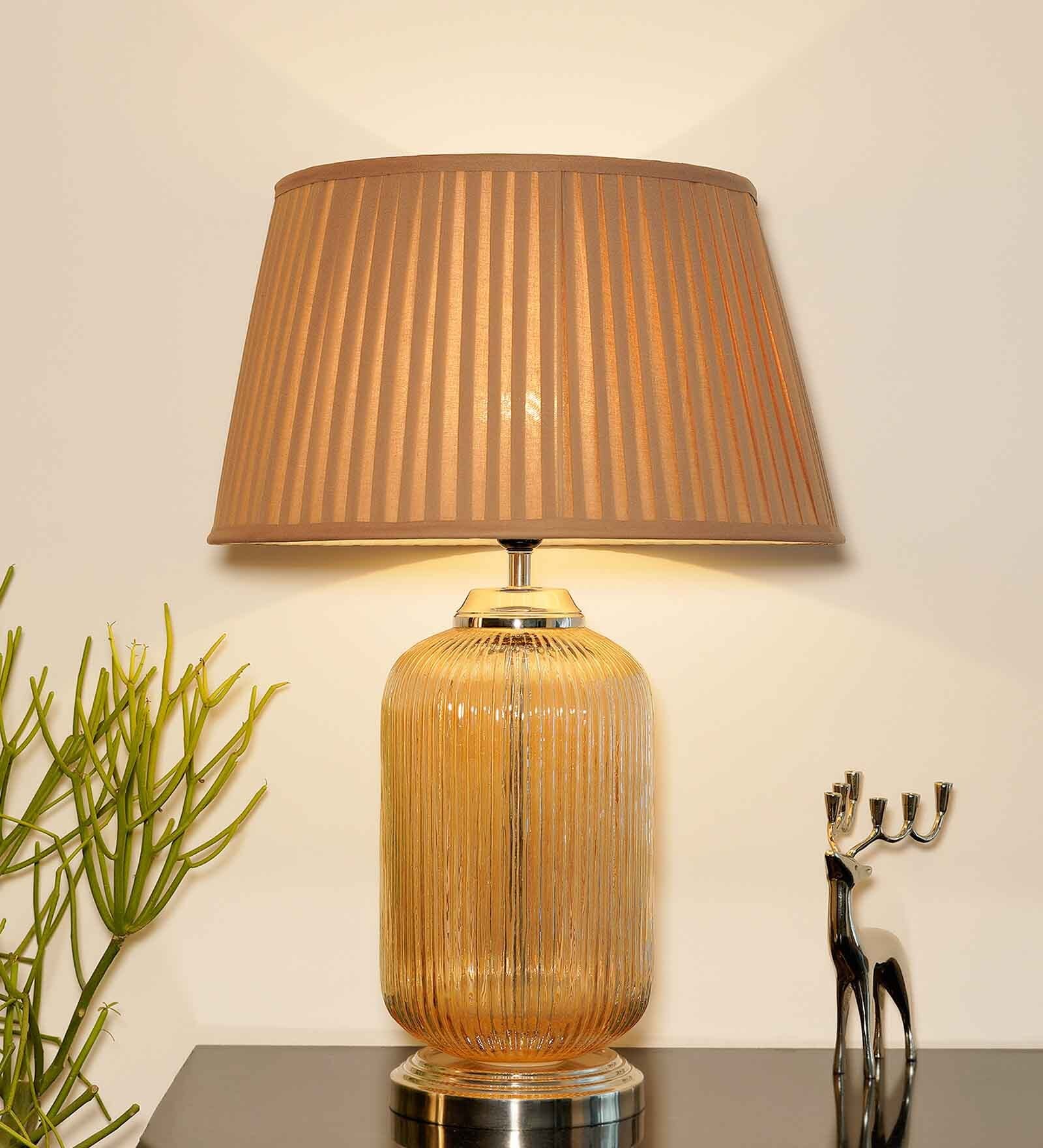 Charles Beige Cotton Shade Night Lamp With Metal & Glass Base