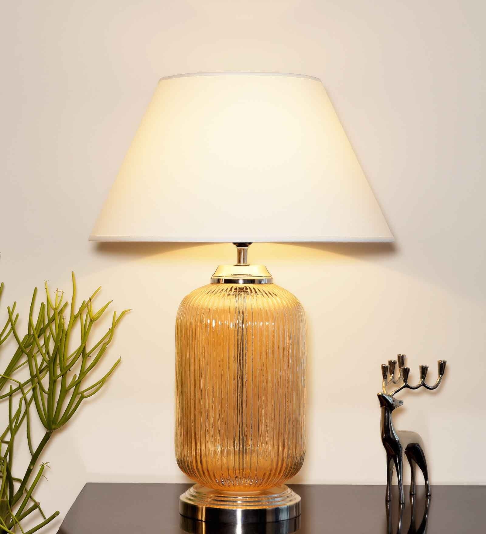 Dorian White Cotton Shade Night Lamp With Metal & Glass Base