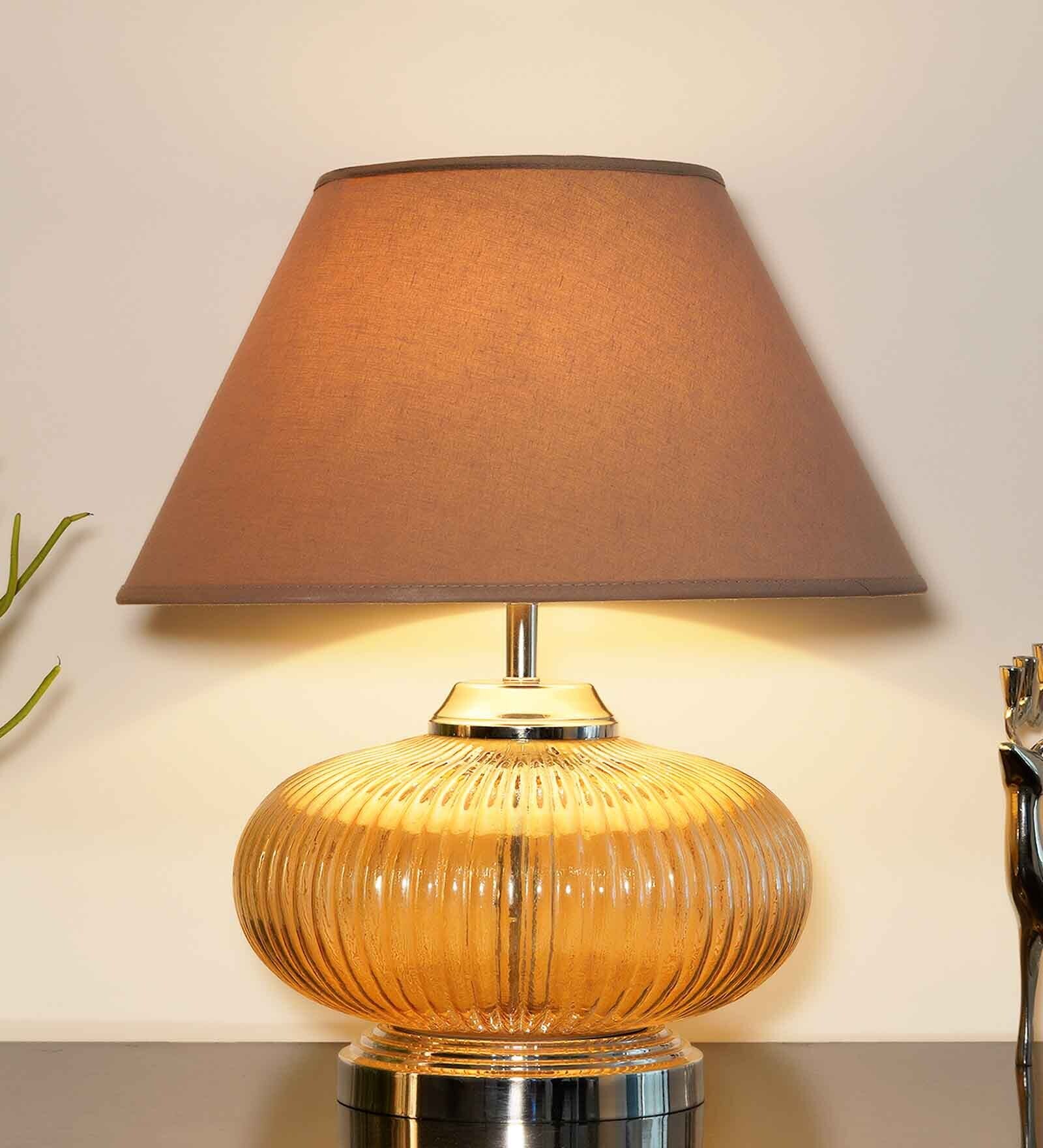 Cherosi Beige Cotton Shade Night Lamp With Metal & Glass Base