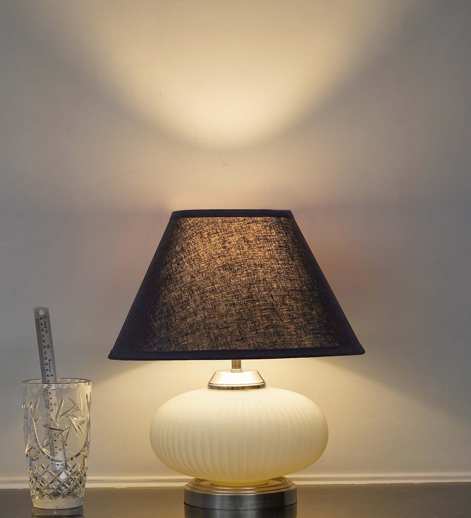 Maloto Frosted White Glass And Chrome Finish Metal Table Lamp With Black Cotton Shade