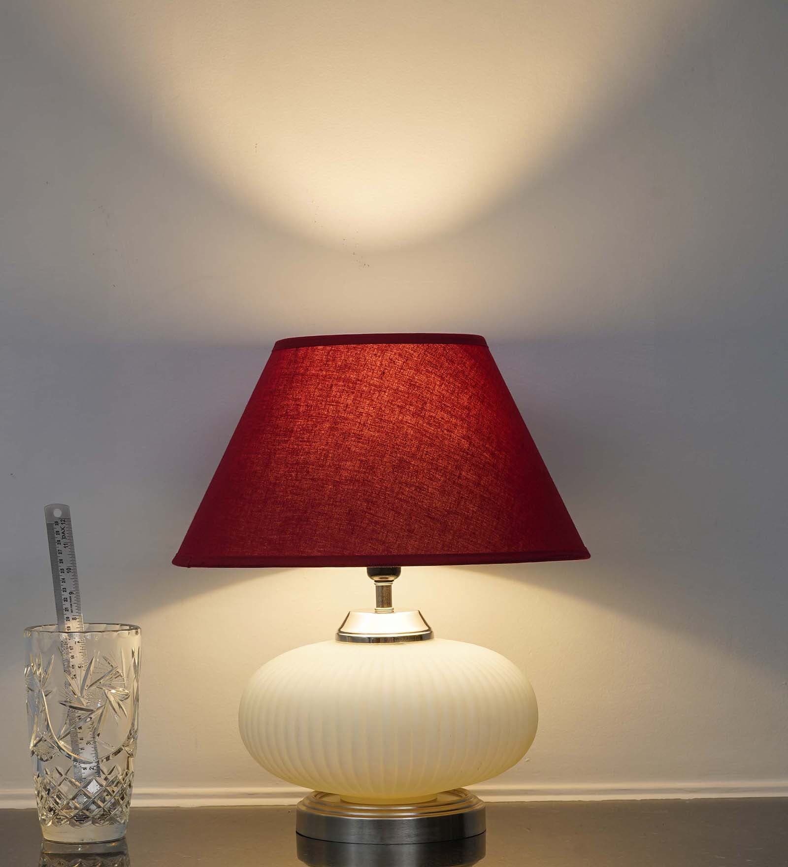 Maloto Frosted White Glass And Chrome Finish Metal Table Lamp With Maroon Cotton Shade