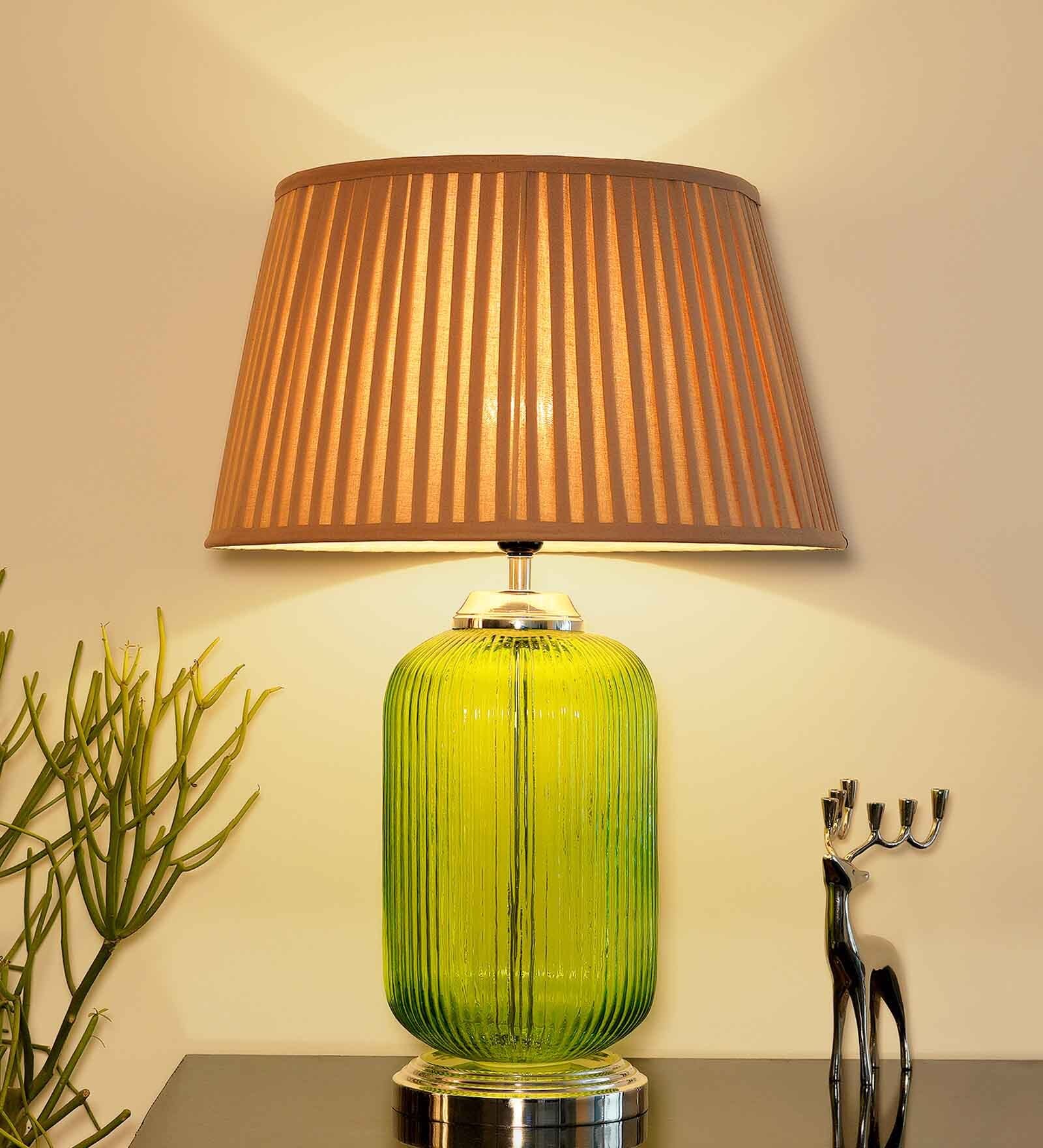 Andre Beige Cotton Shade Night Lamp With Metal & Glass Base