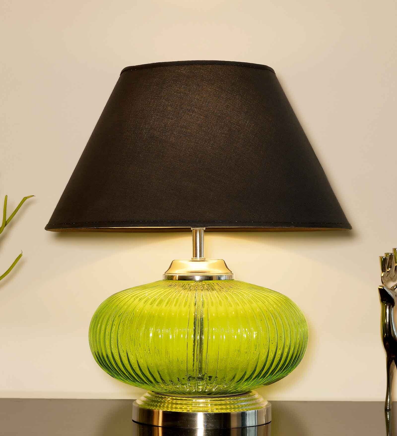 Dark Black Cotton Shade Night Lamp With Metal & Glass Base