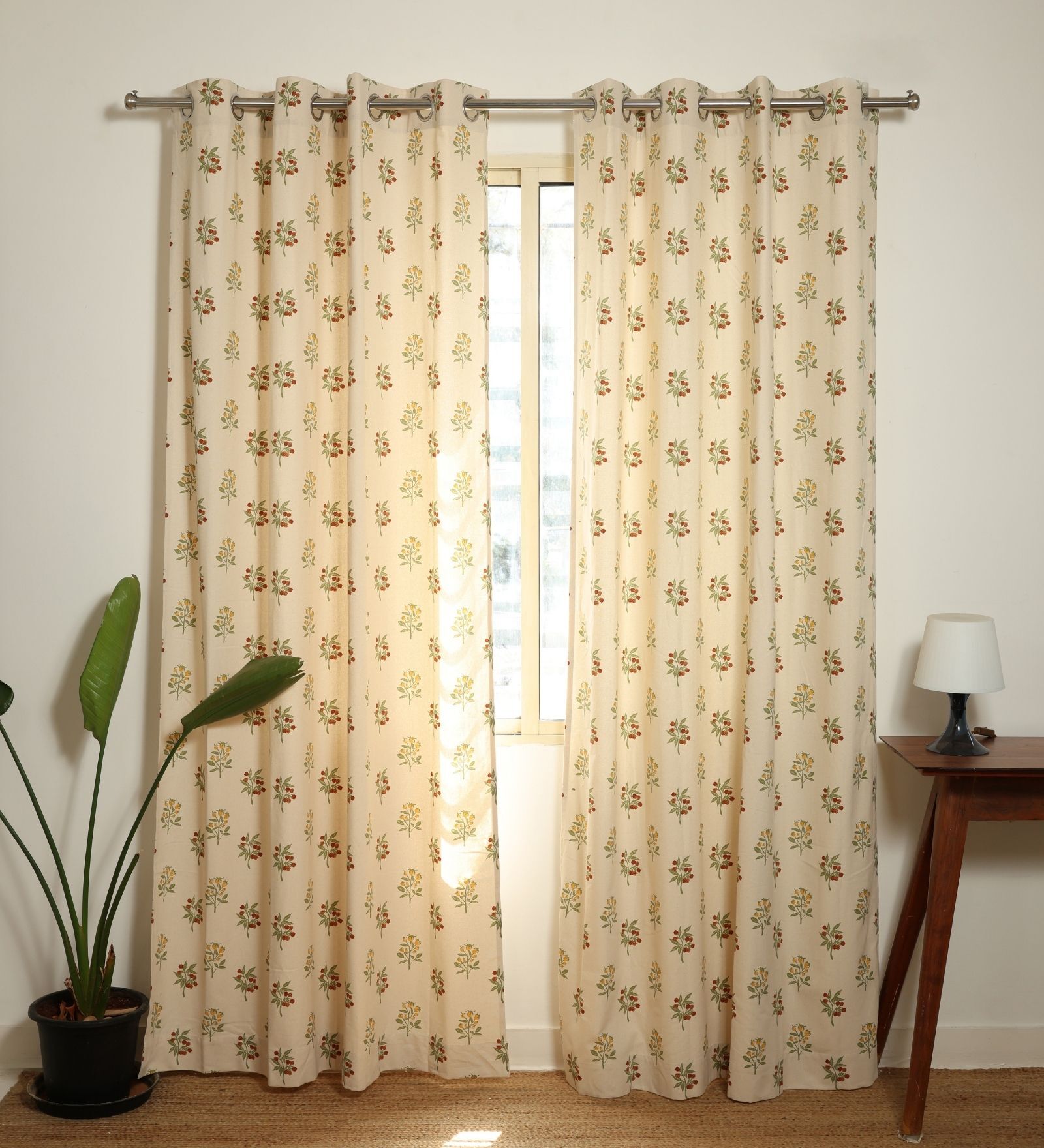 Malta Green & Yellow & Red Cotton 230 GSM  Floral 9 Feet Room Darkening Eyelet Long Door Curtains (2 Pc)