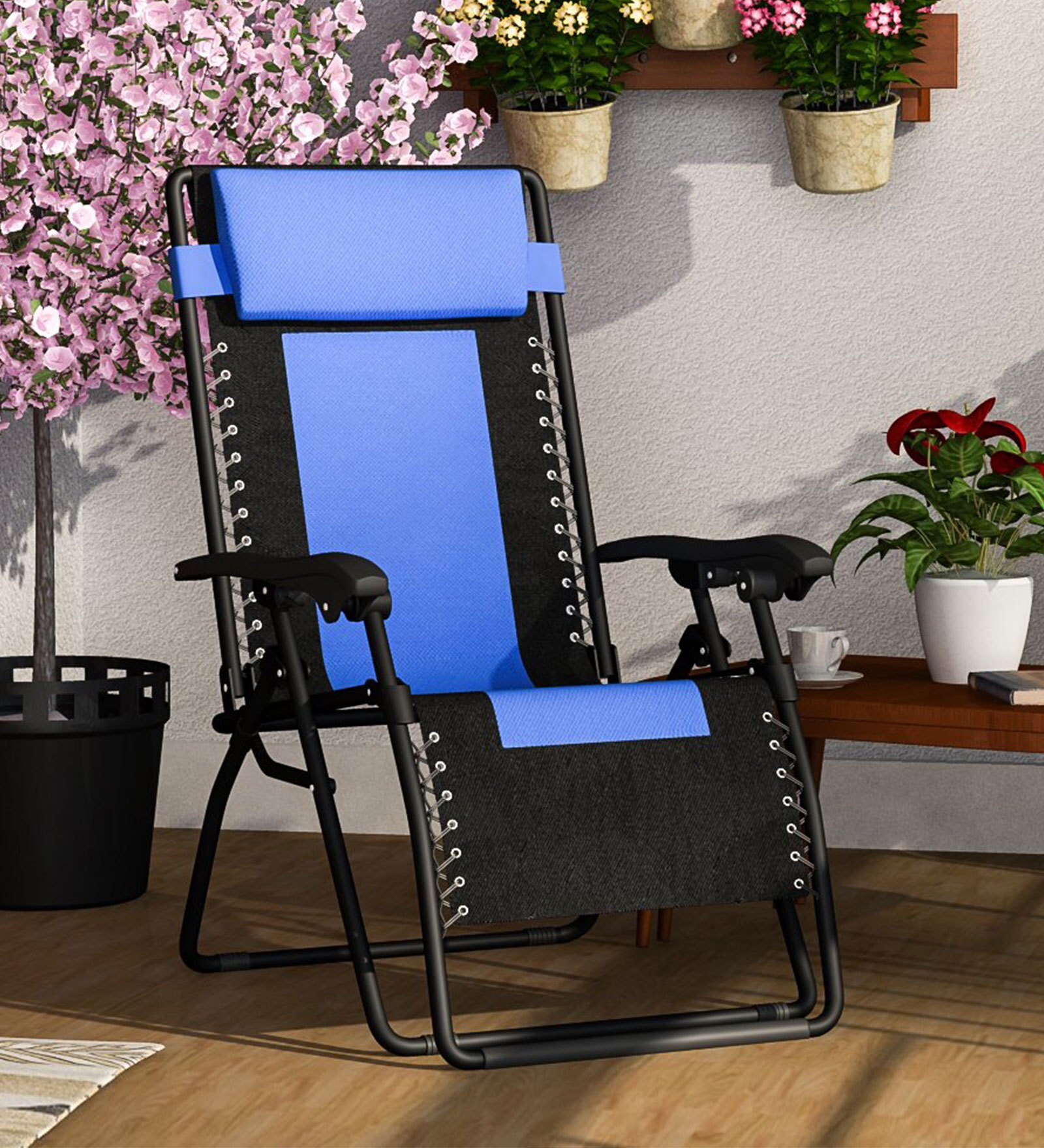 Buy Malta Metal Folding Outdoor Recliner Chair in Blue & Black Finish