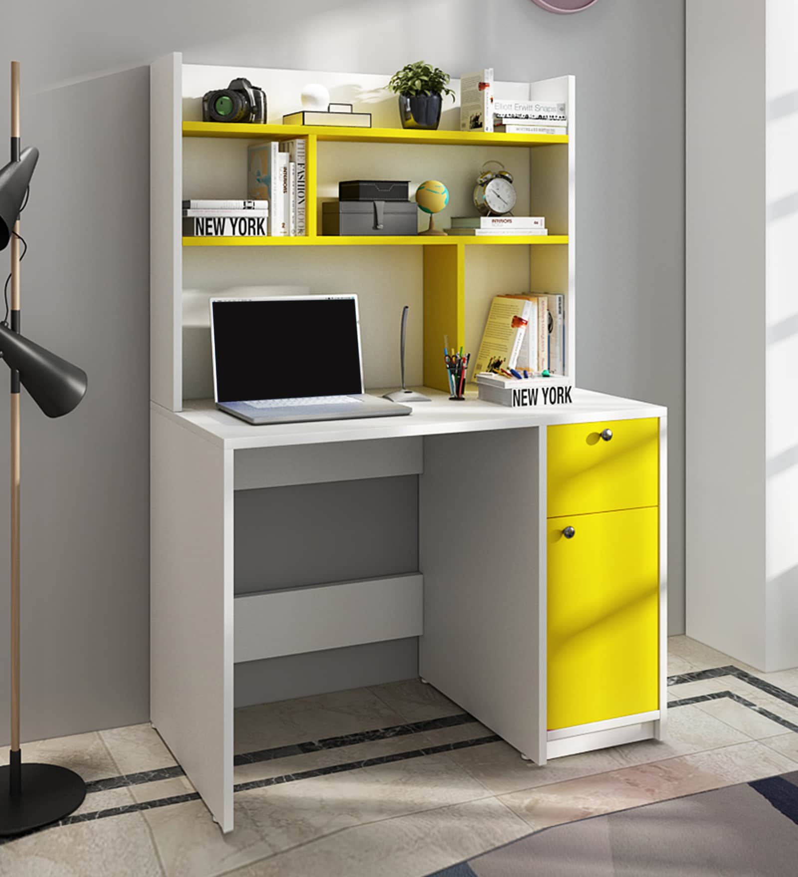 Malta Hutch Desk in Frosty White And Yellow Finish