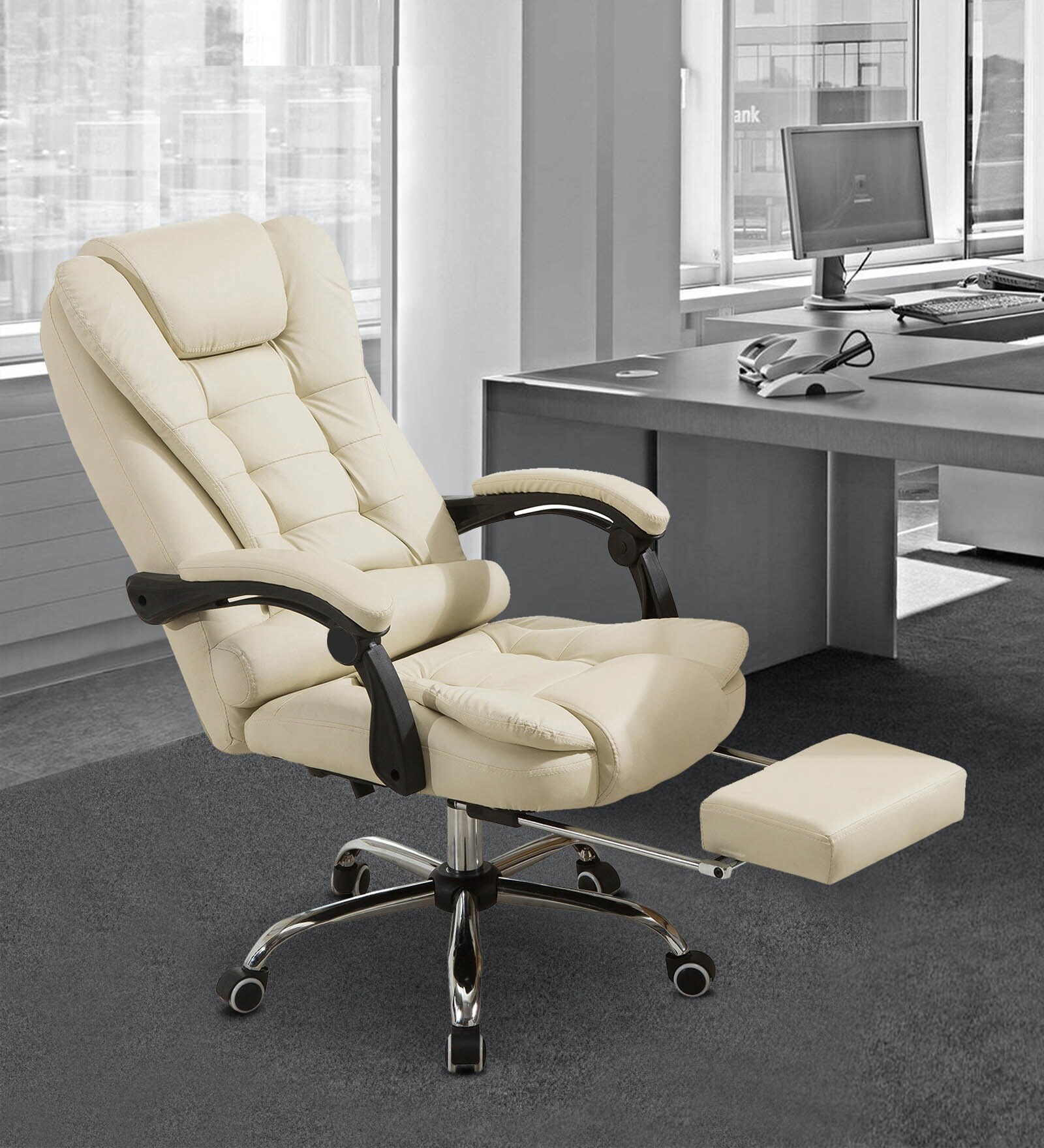 Buy Manager Office Chair with Massager & Footrest in Beige Colour by