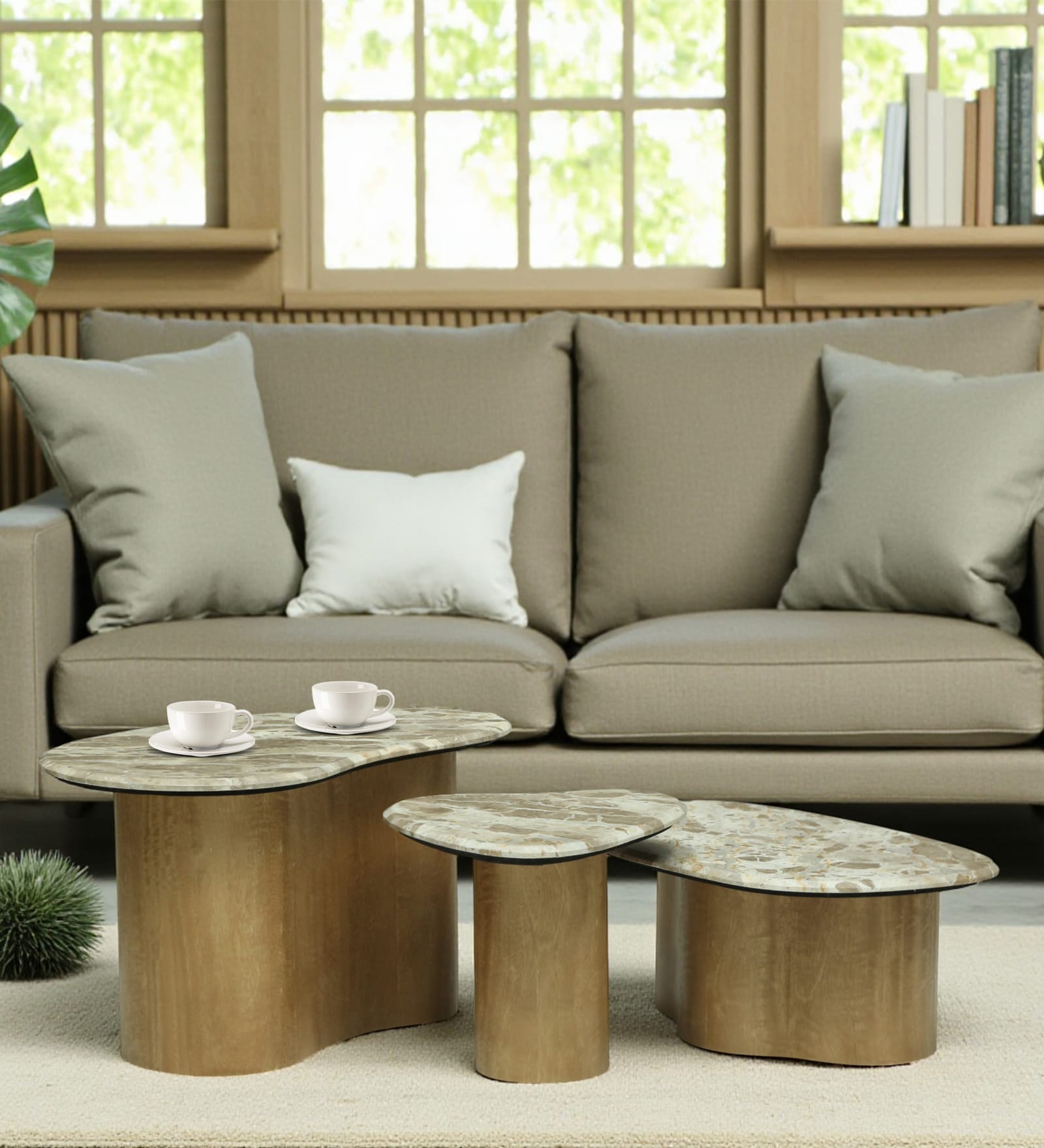 Manastir Coffee Table Set In Natural Finish With Panther Marble Top (Set of 3 )