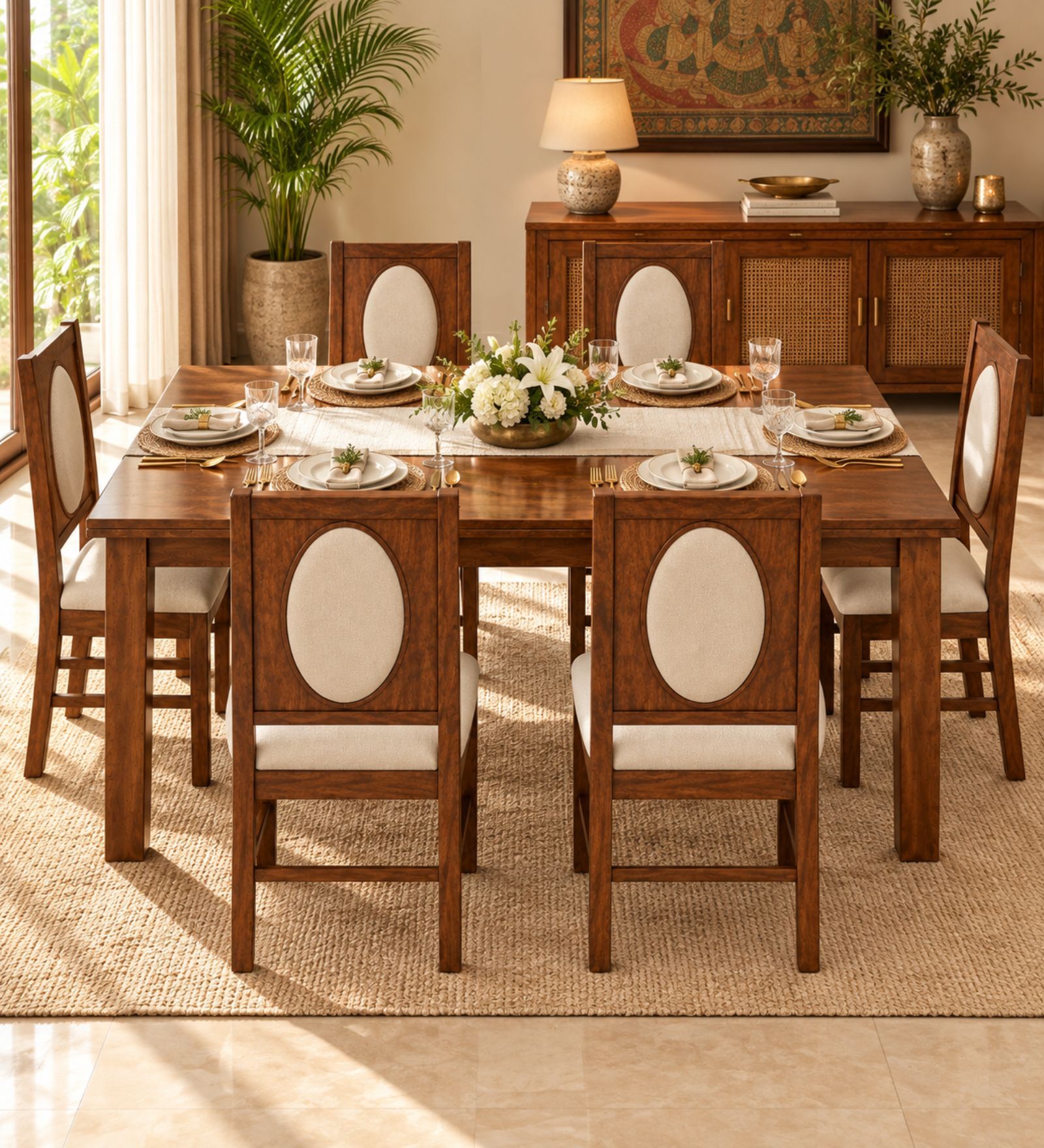 Mandala 6 Seater Dining Set In Provincial Teak Finish With Beige Colour Chair Mandala 6 Seater Dining Set In Provincial Teak Finish With Beige Colour Chair