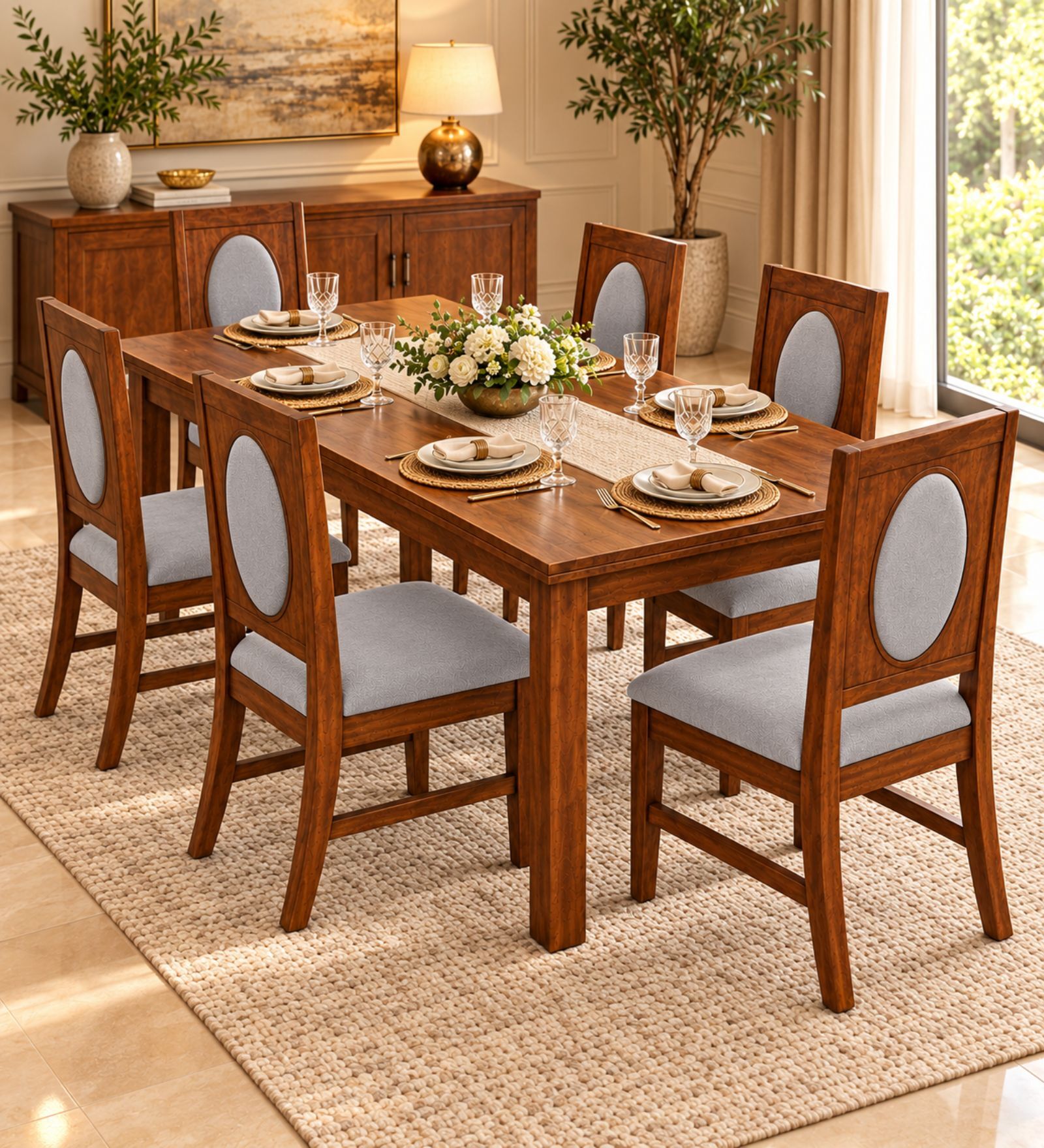 Mandala 6 Seater Dining Set In Provincial Teak Finish With Grey Colour Chair Mandala 6 Seater Dining Set In Provincial Teak Finish With Grey Colour Chair