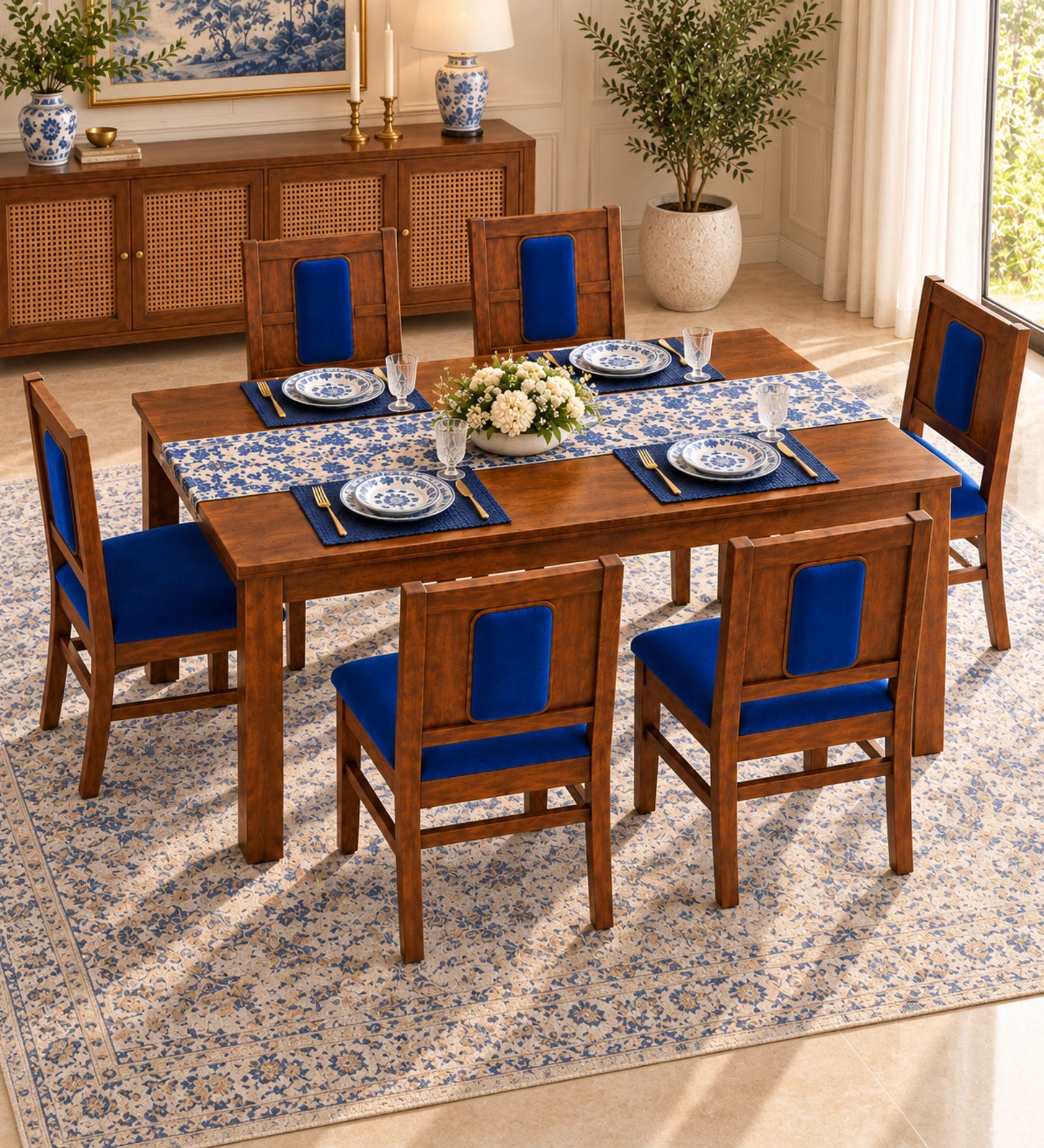 Mandala 6 Seater Dining Set In Provincial Teak Finish With Navy Blue Colour Chair Mandala 6 Seater Dining Set In Provincial Teak Finish With Navy Blue Colour Chair