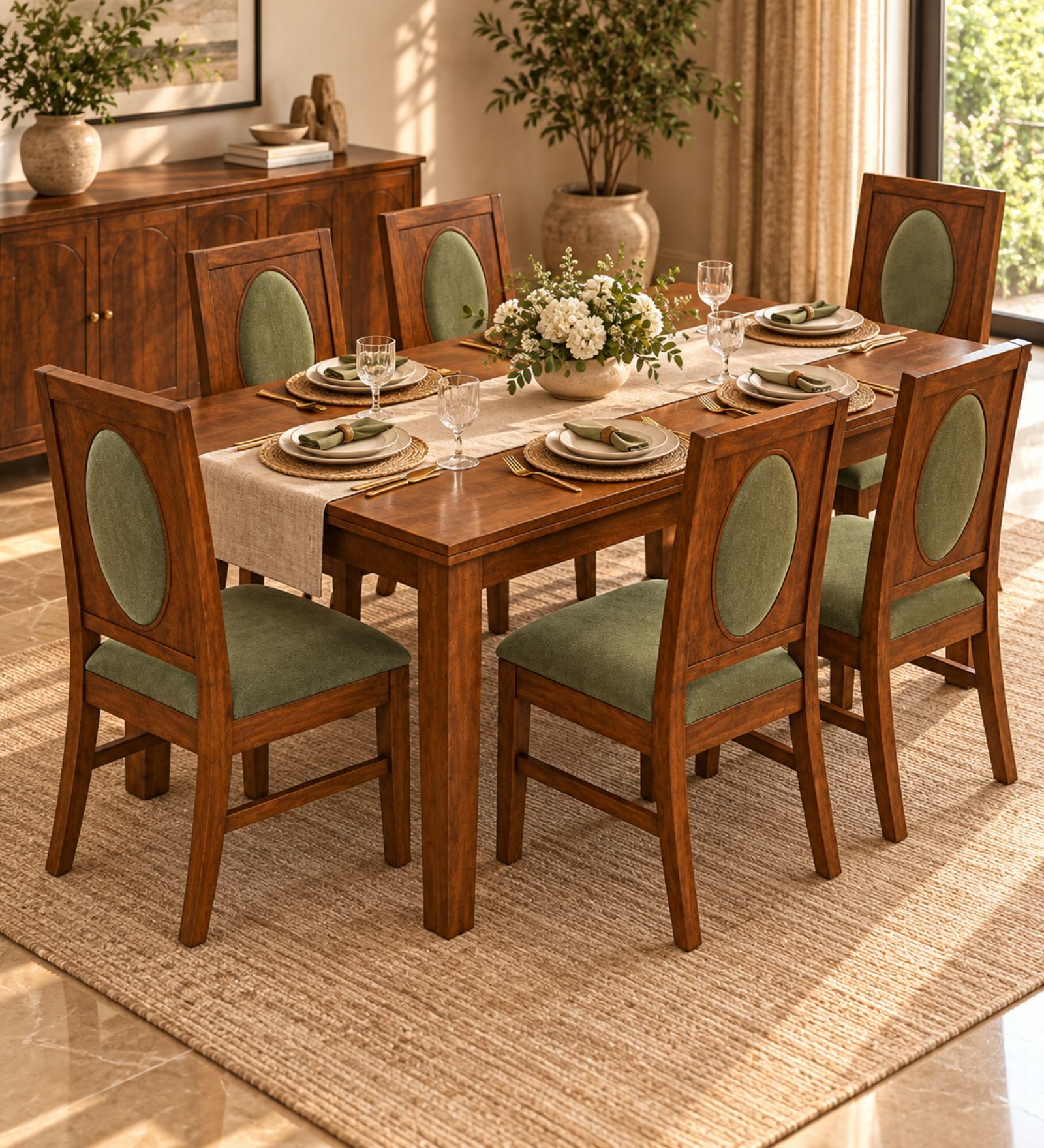 Mandala 6 Seater Dining Set In Provincial Teak Finish With Olive Green Colour Chair Mandala 6 Seater Dining Set In Provincial Teak Finish With Olive Green Colour Chair