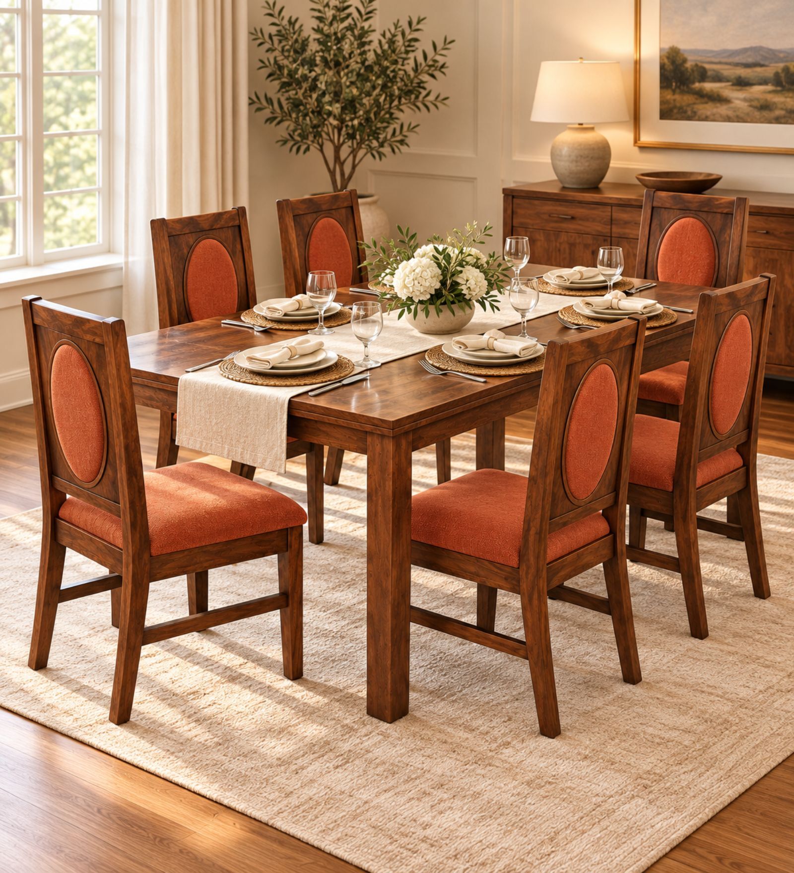 Mandala 6 Seater Dining Set In Provincial Teak Finish With Terracotta Orange Colour Chair Mandala 6 Seater Dining Set In Provincial Teak Finish With Terracotta Orange Colour Chair