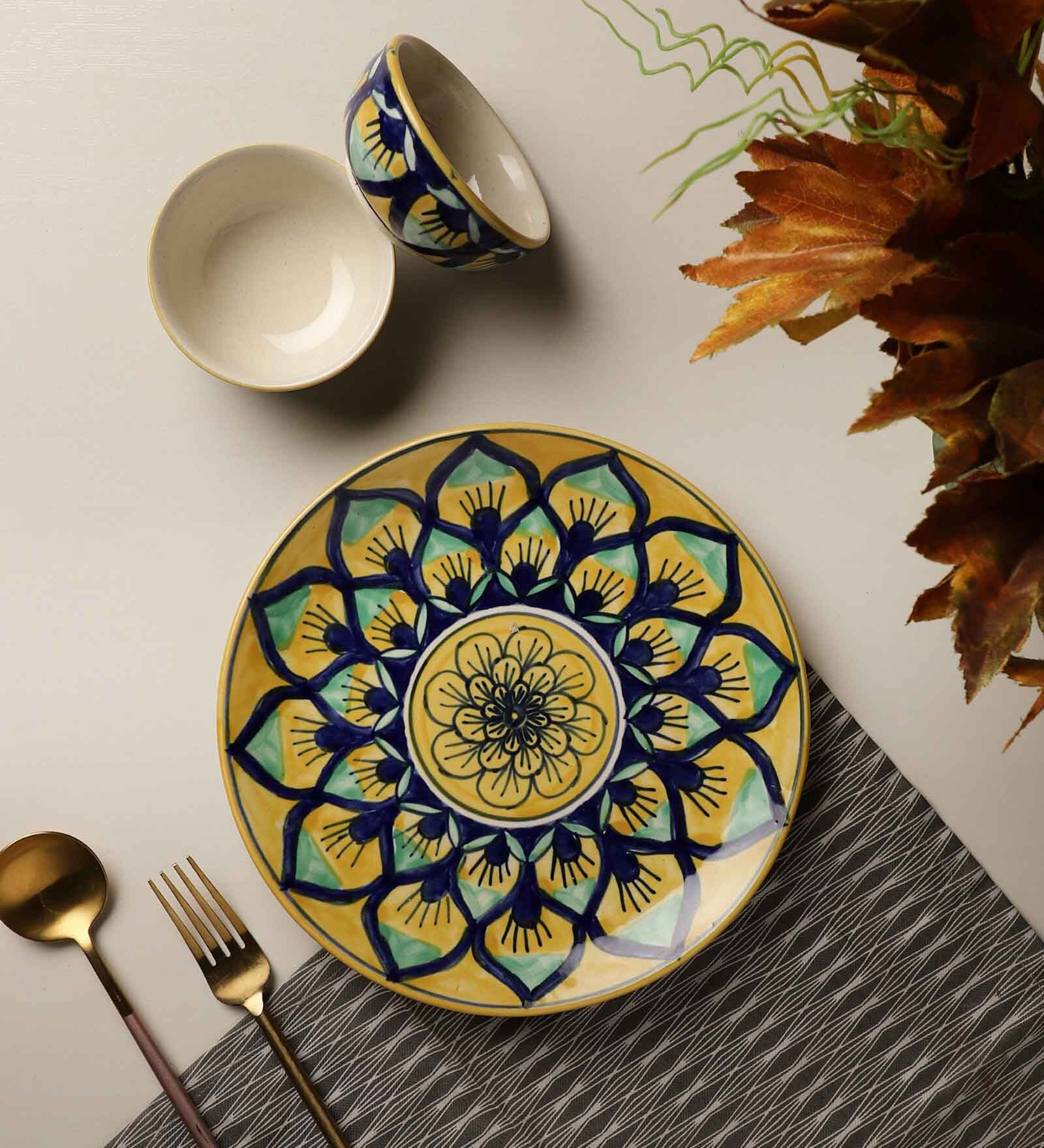 Mandala Print (Set of 3) Ceramic Dinner Plate & Dinner Bowl