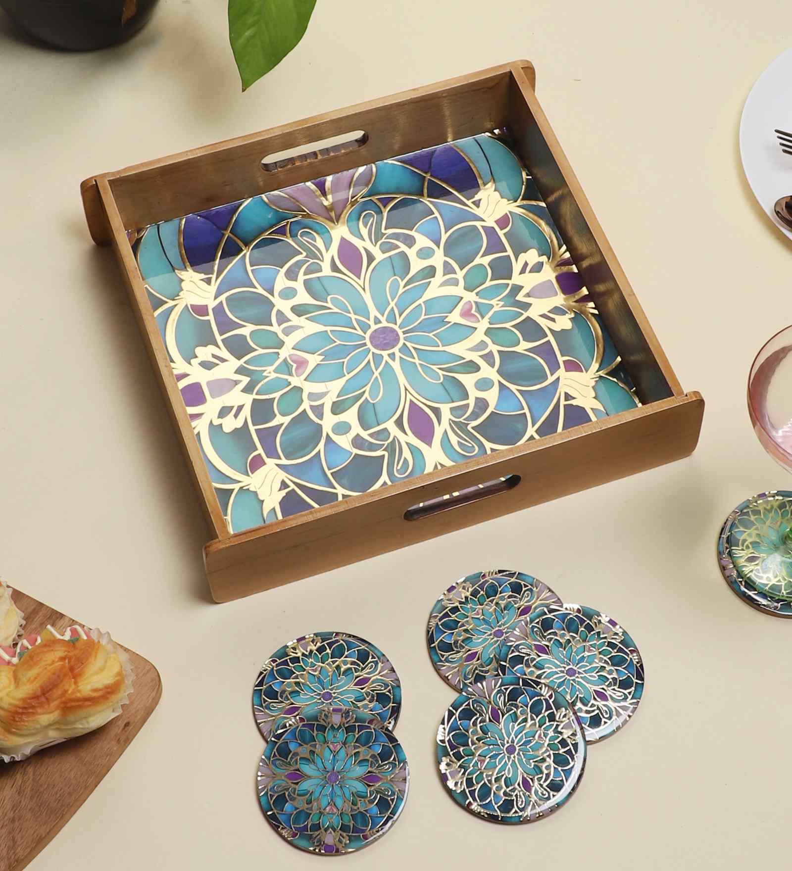 Mandala Wooden Tray & Coaster Set