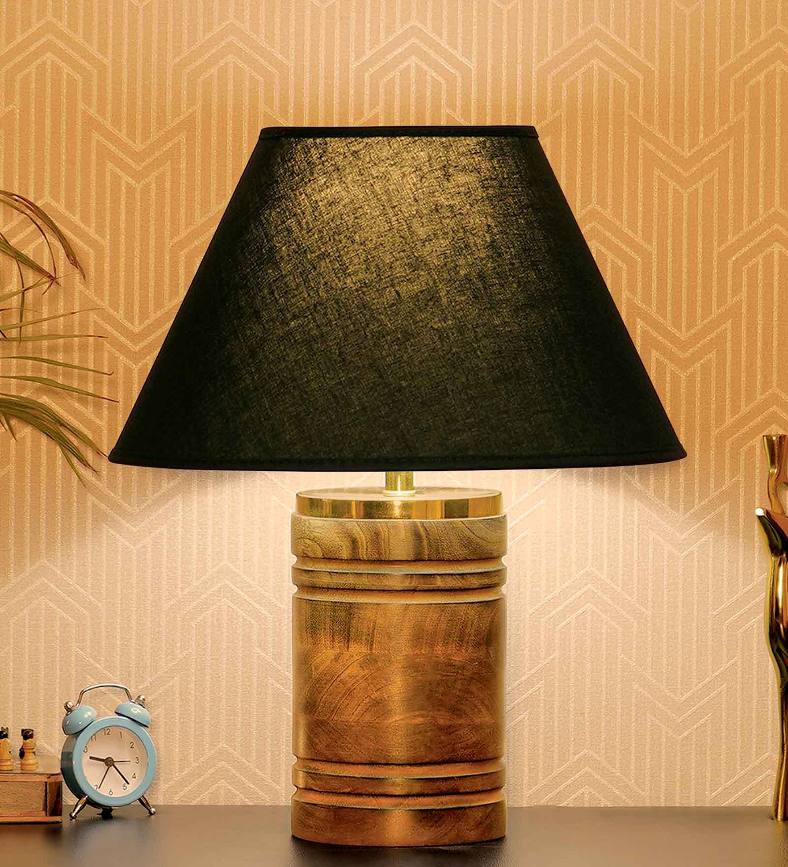 Buy Modena Black Cotton Shade Night Lamp With Wood Base By Kapoor