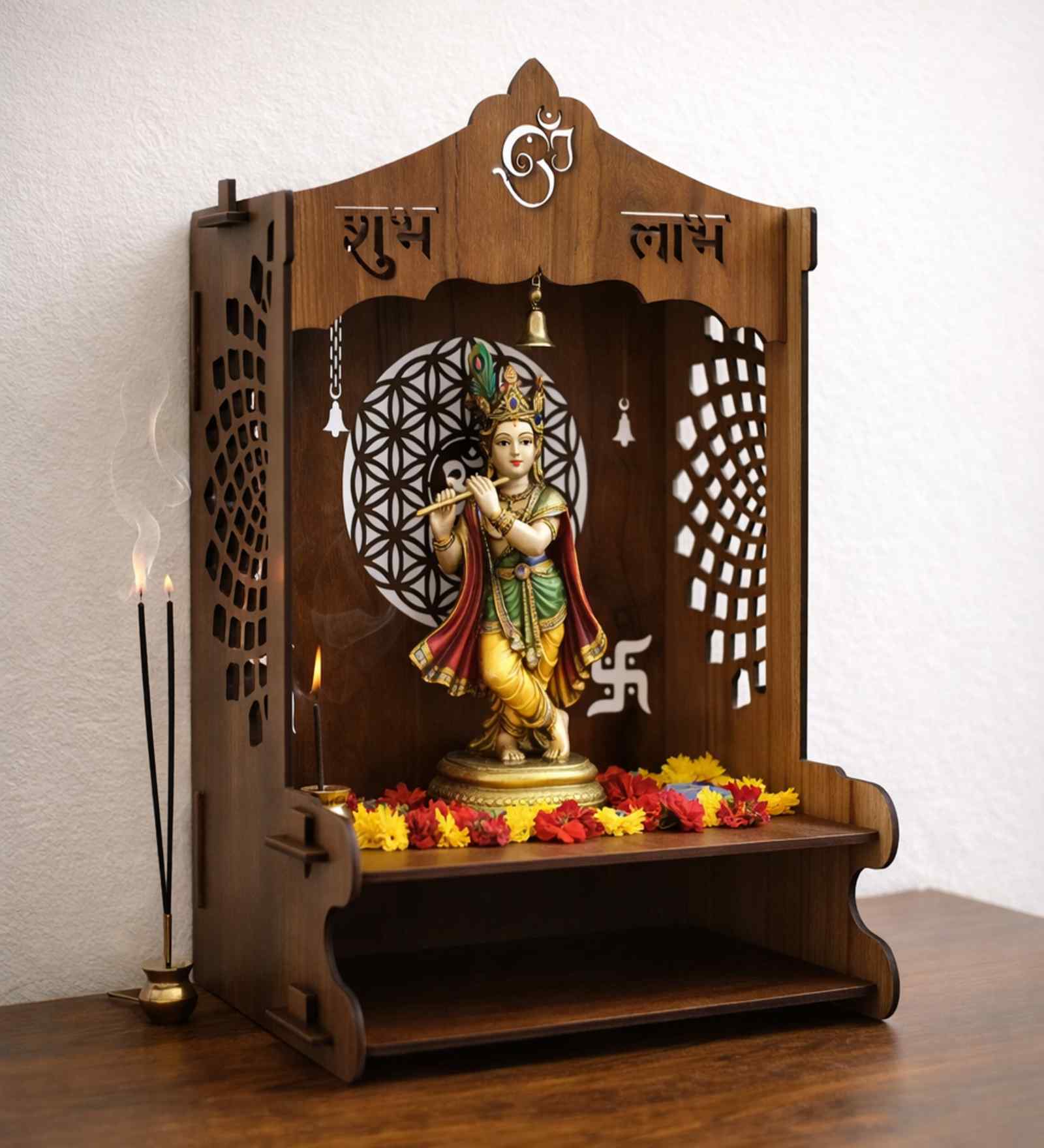 Brown Mangal Om Printed Wooden Pooja Stand