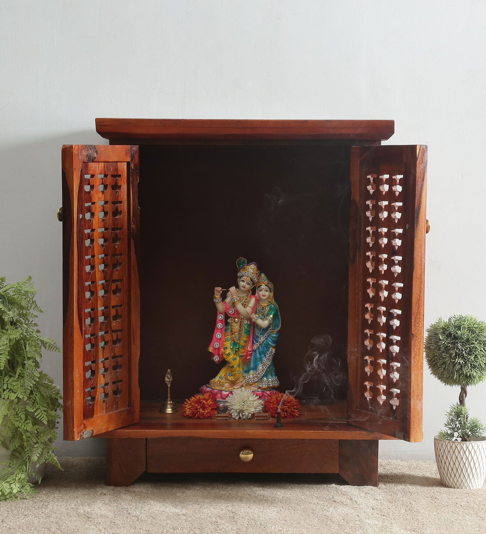 Buy Yellow Mango Wood & Mdf Floor Rested Mandir With Door at 16 OFF by